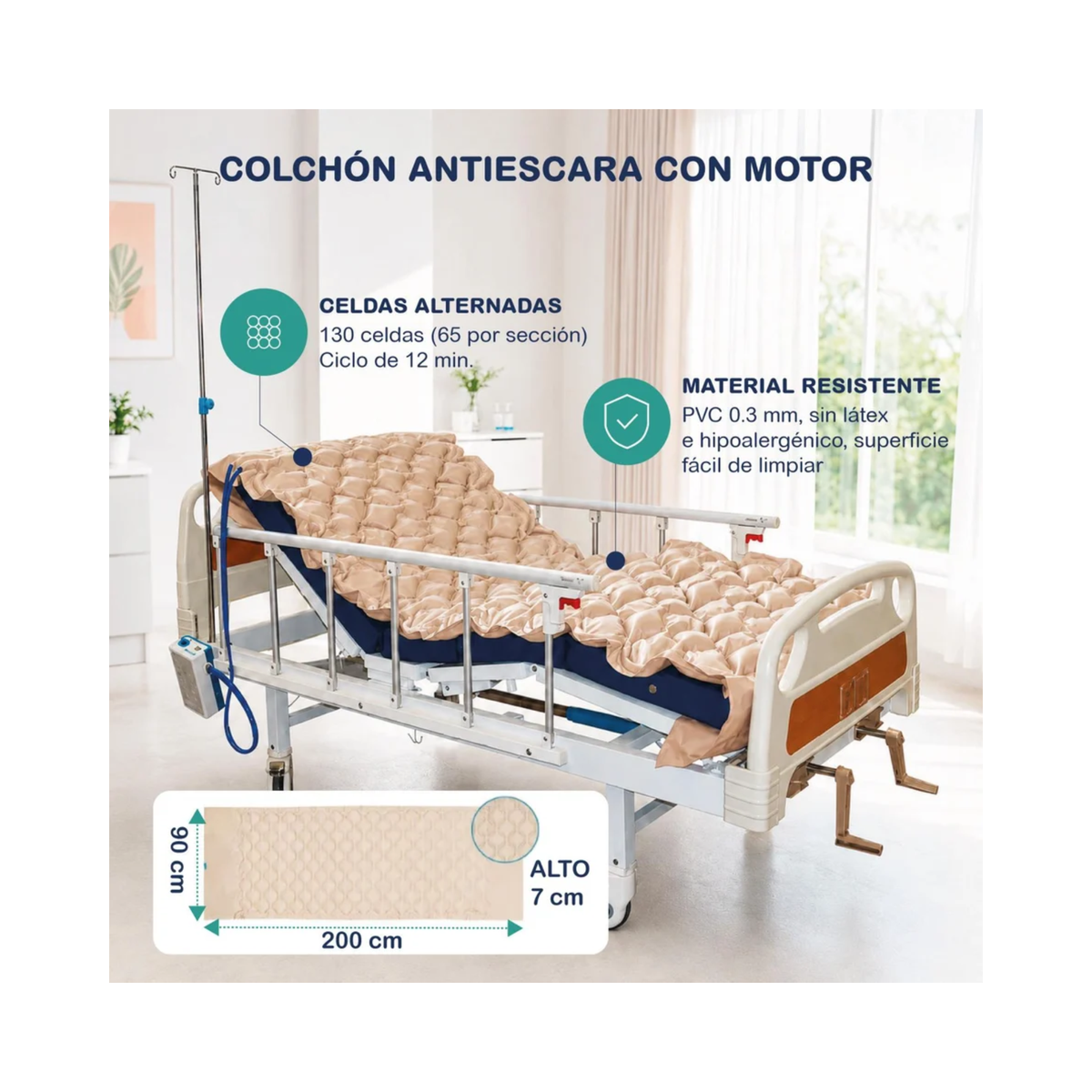 Infografía del colchón instalado en una cama clínica, con datos de celdas, material y medidas de 200 por 90 centímetros