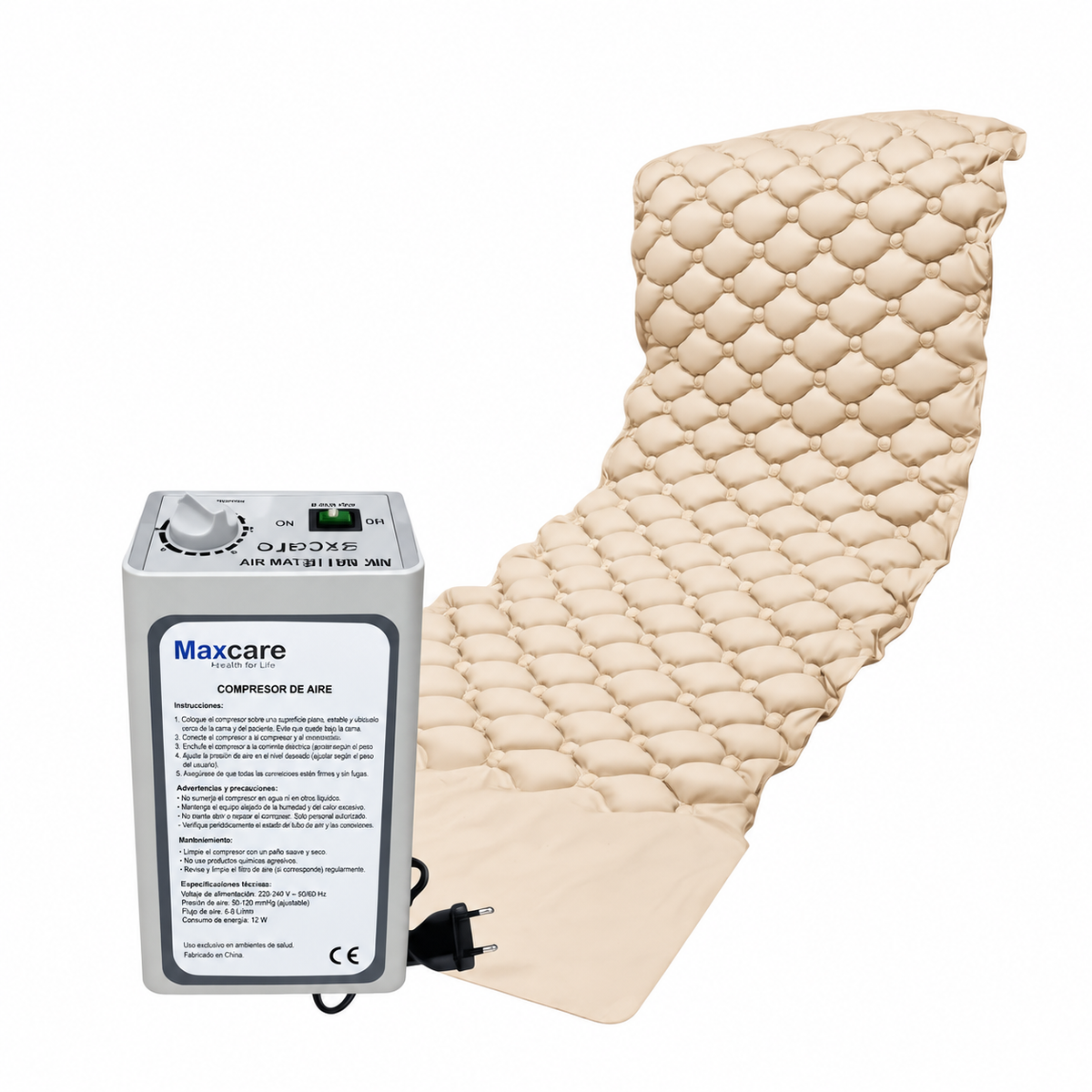 Colchón antiescaras beige inflado junto a su compresor de aire blanco con cable