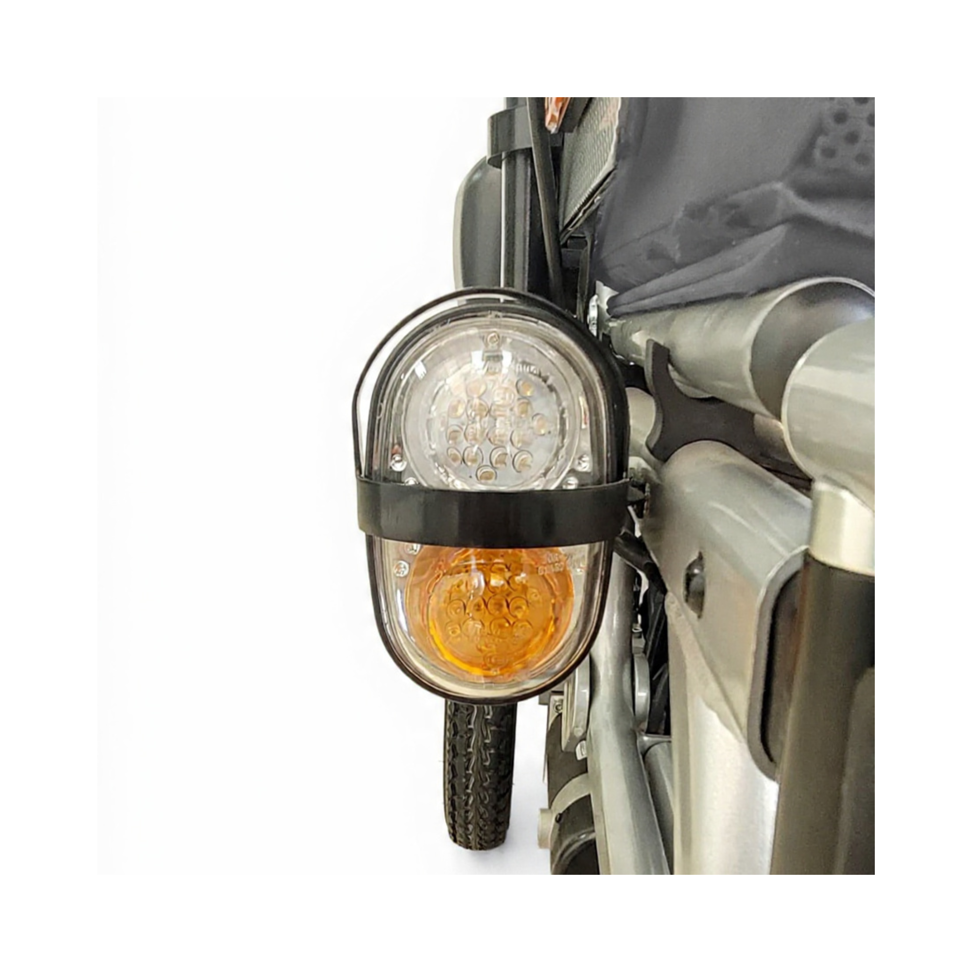 Faro delantero con luz LED blanca e intermitente ámbar en soporte protector