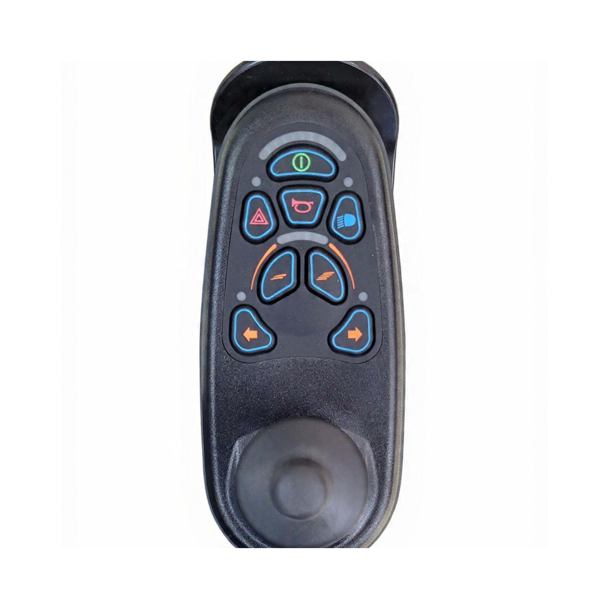 Joystick de control con botones de encendido, bocina, luces, intermitentes y regulación de velocidad