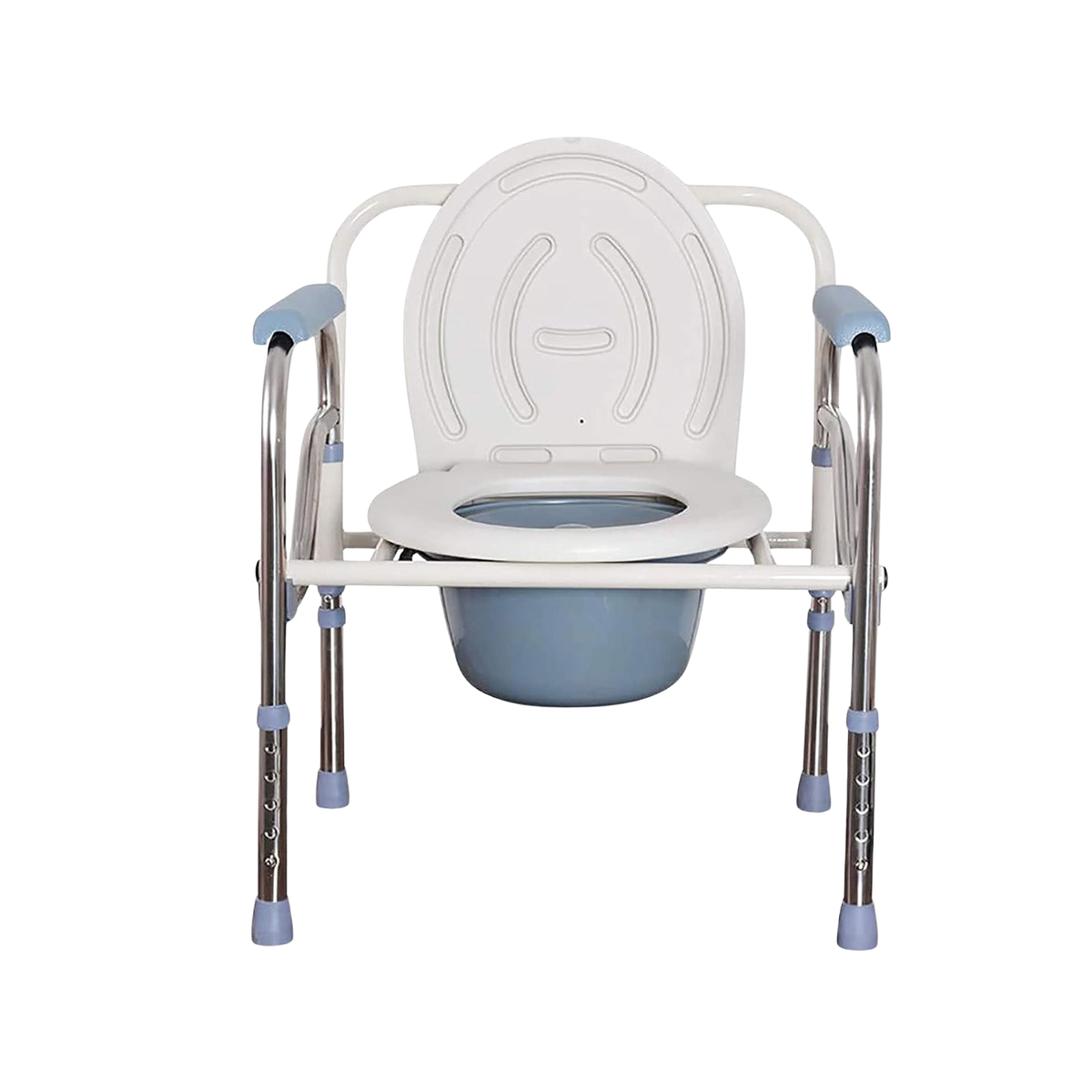 Vista frontal del baño portátil con la tapa levantada, recipiente bajo el asiento y patas regulables