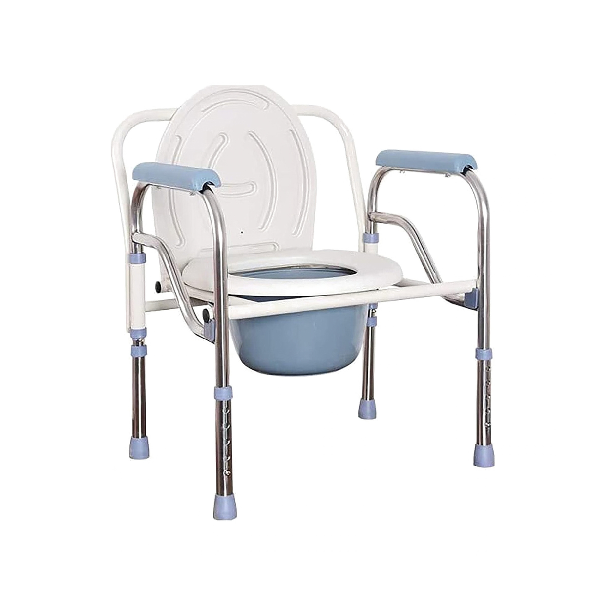 Baño portátil plegable de acero cromado con asiento blanco, apoyabrazos celestes y recipiente, visto de lado