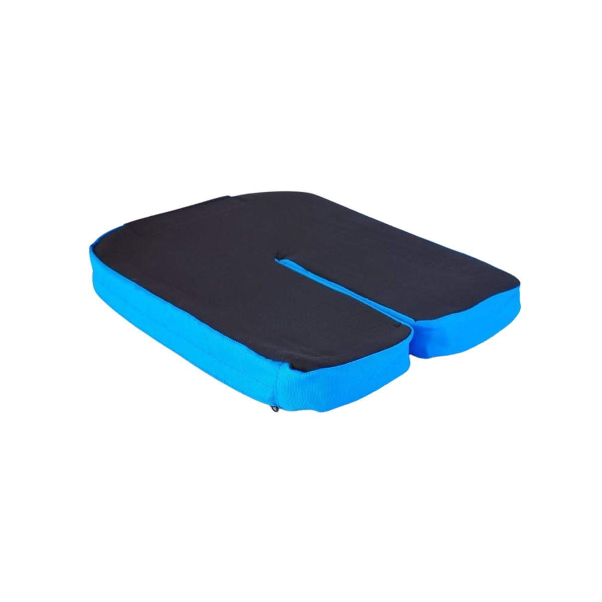 Cojín de asiento tapizado en negro y azul, con hendidura central