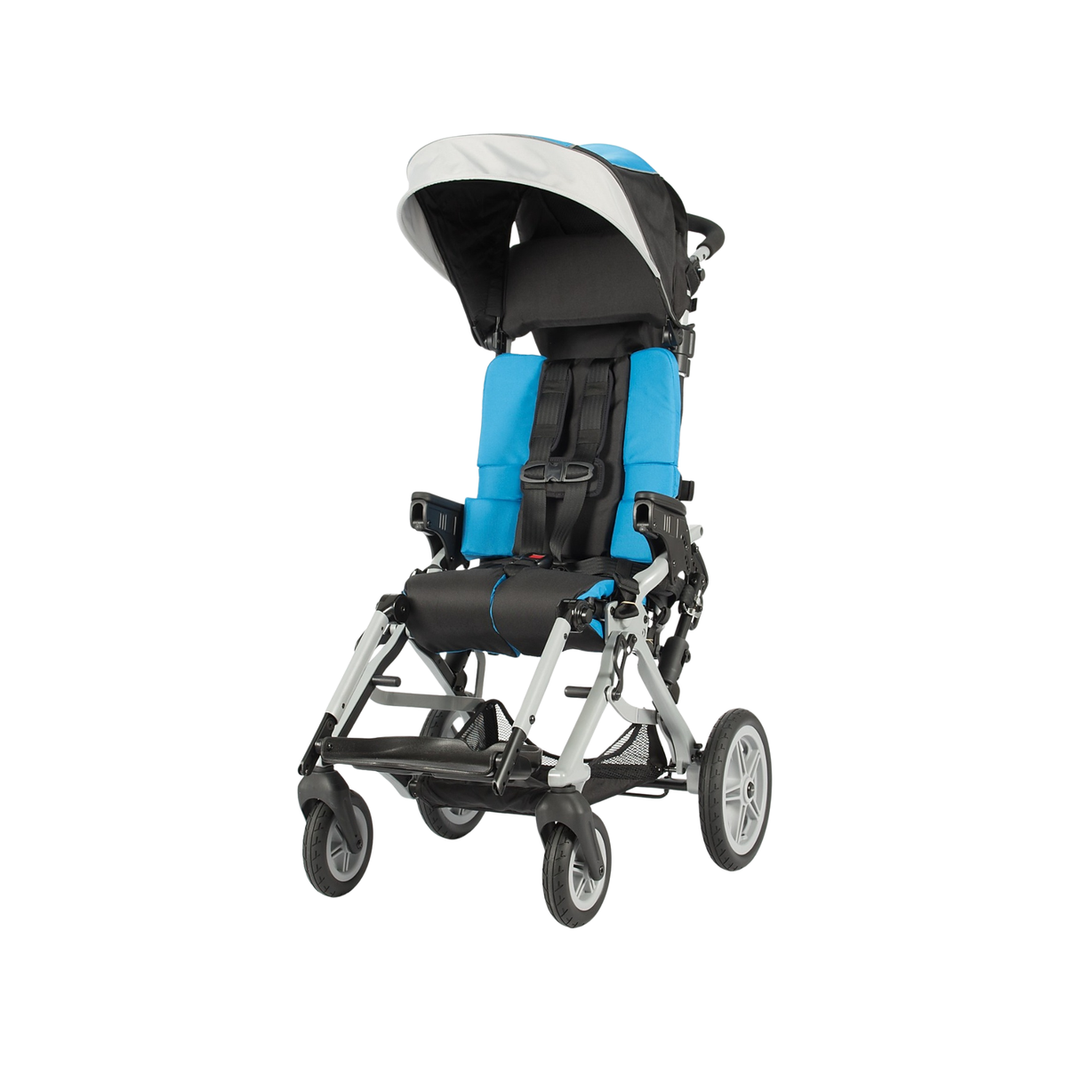 Coche neurológico pediátrico Reach azul de tres cuartos, con capota desplegada y pechera