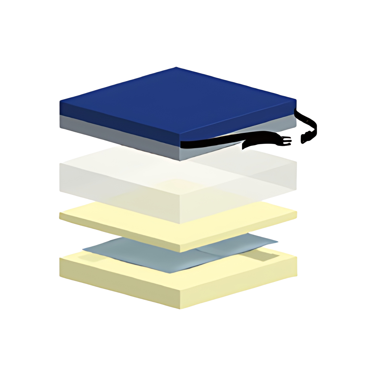 Cojín antiescaras viscoelástico con gel desarmado por capas: funda azul, capa protectora, espuma y lámina de gel