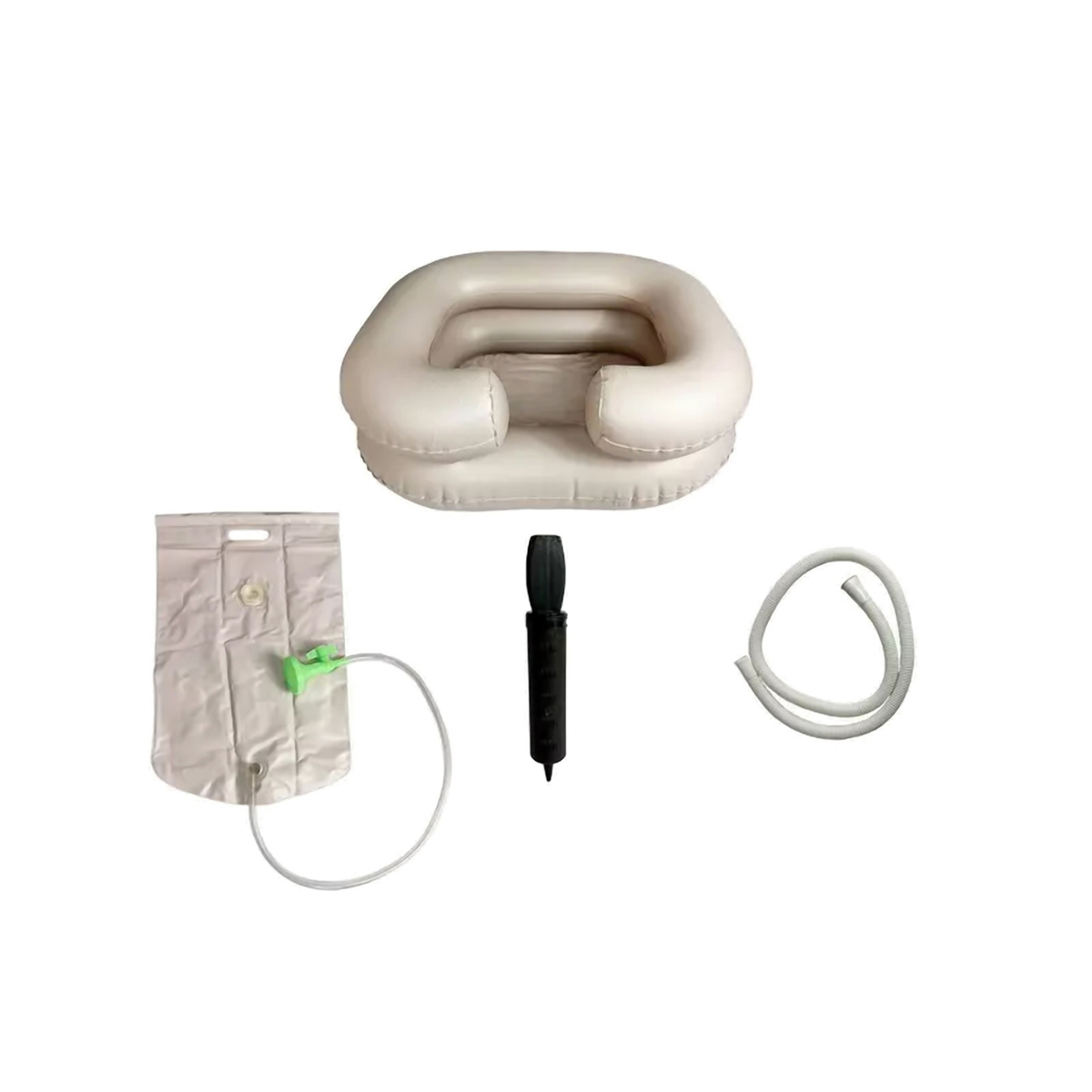 Lavapelo inflable, bolsa de agua con ducha, bombín negro y manguera de drenaje