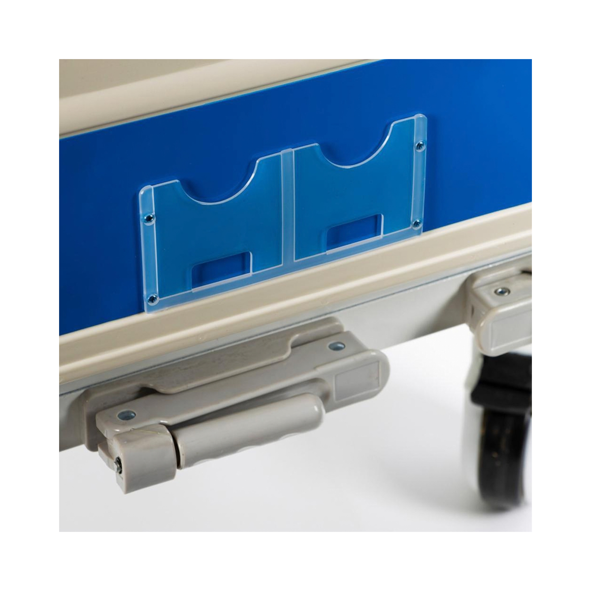 Panel azul de la piecera con porta ficha transparente y manivelas de ajuste