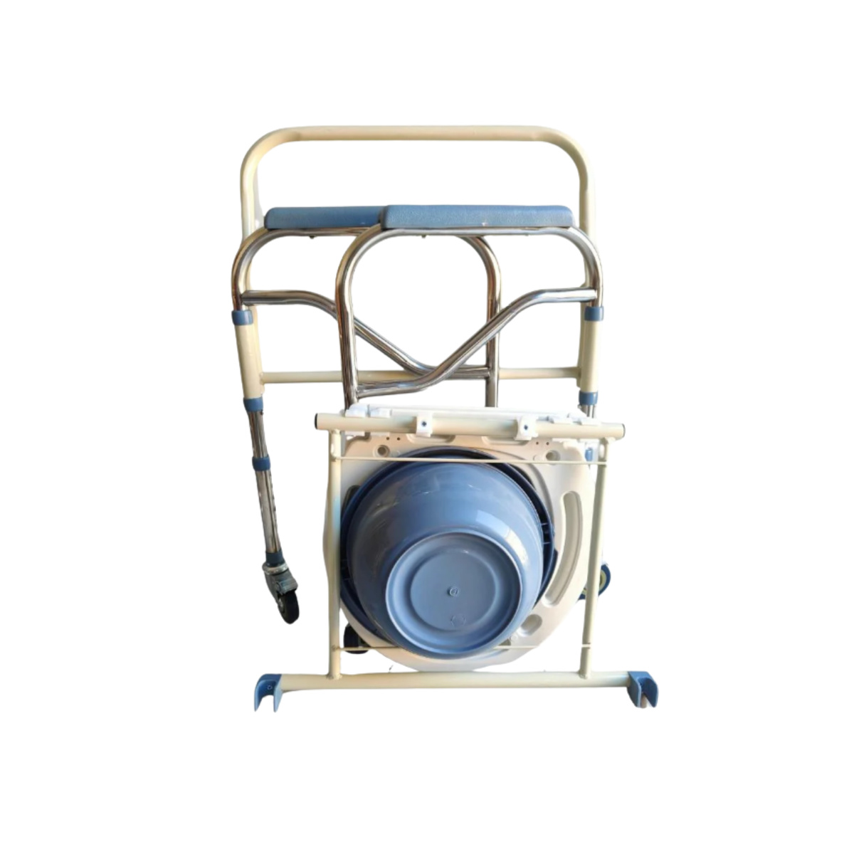 Silla plegada con el recipiente y el asiento recogidos en la estructura