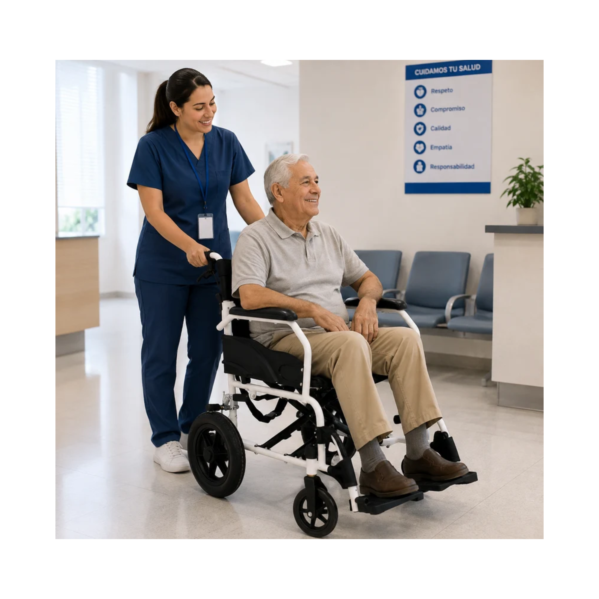 Adulto mayor sentado en una silla de ruedas geriátrica mientras una asistente de salud lo acompaña por el pasillo de un centro médico