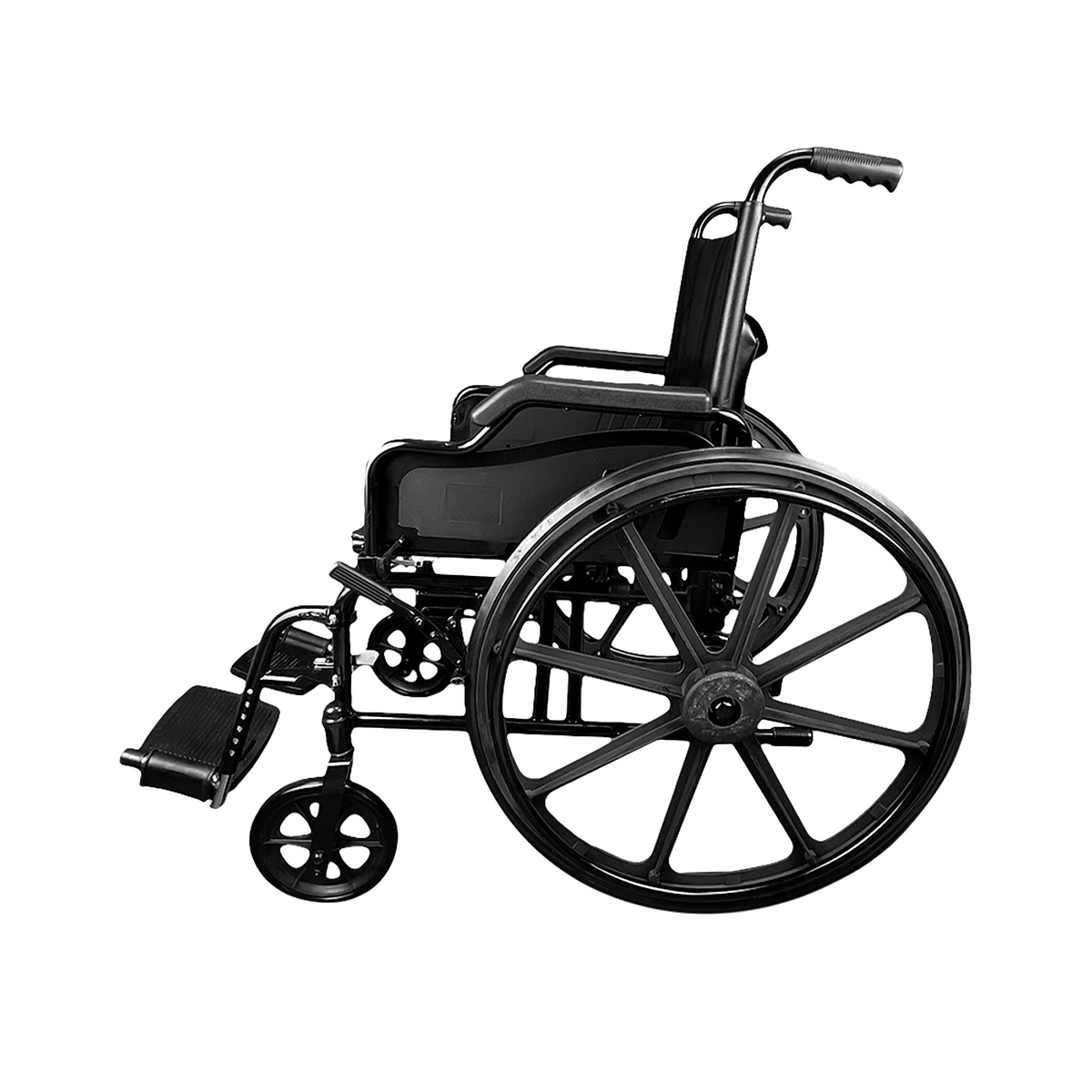 Silla de ruedas Premium 2.0 vista de costado, con ruedas traseras grandes y apoyapiés