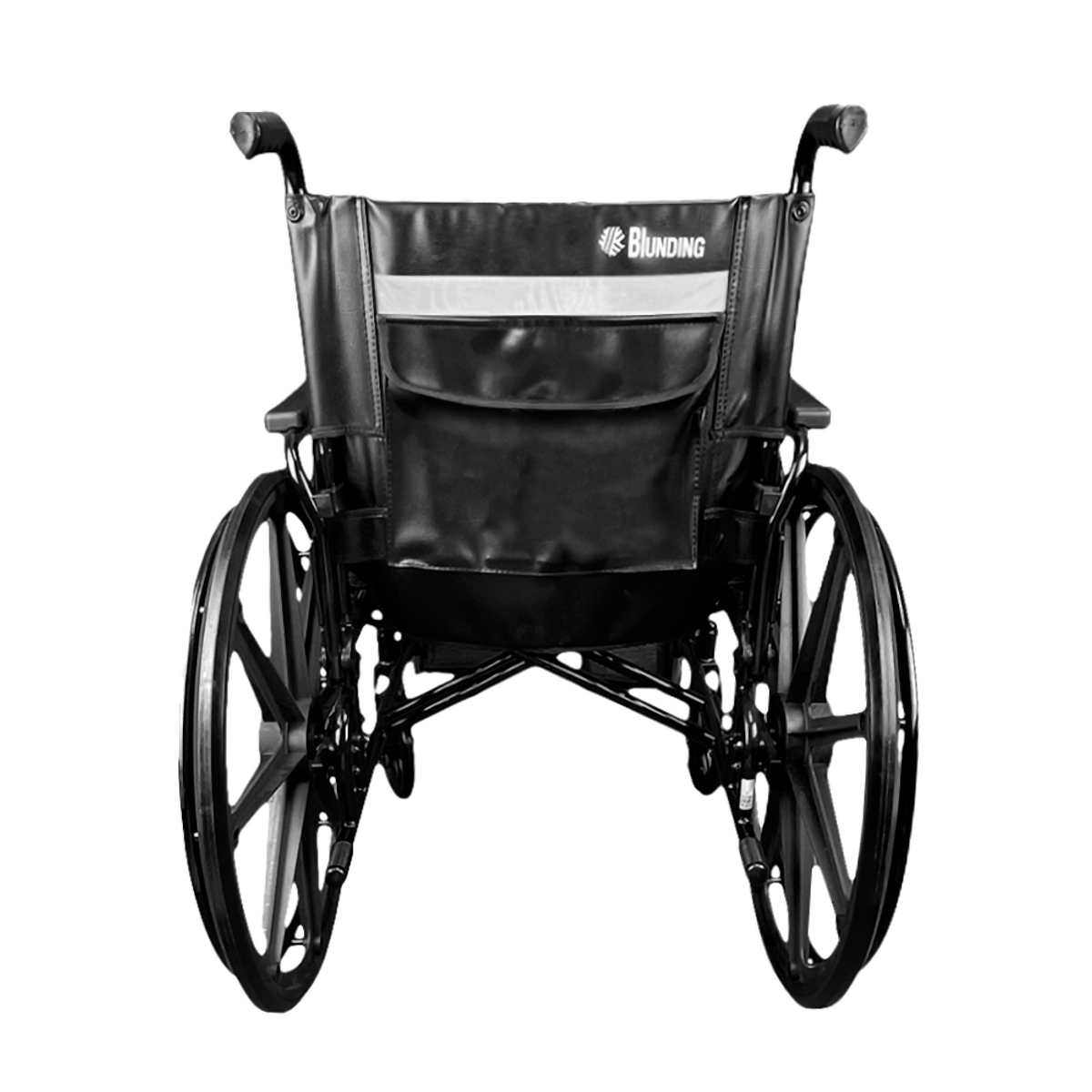 Parte trasera de la silla de ruedas con bolsillo en el respaldo y bastones de empuje