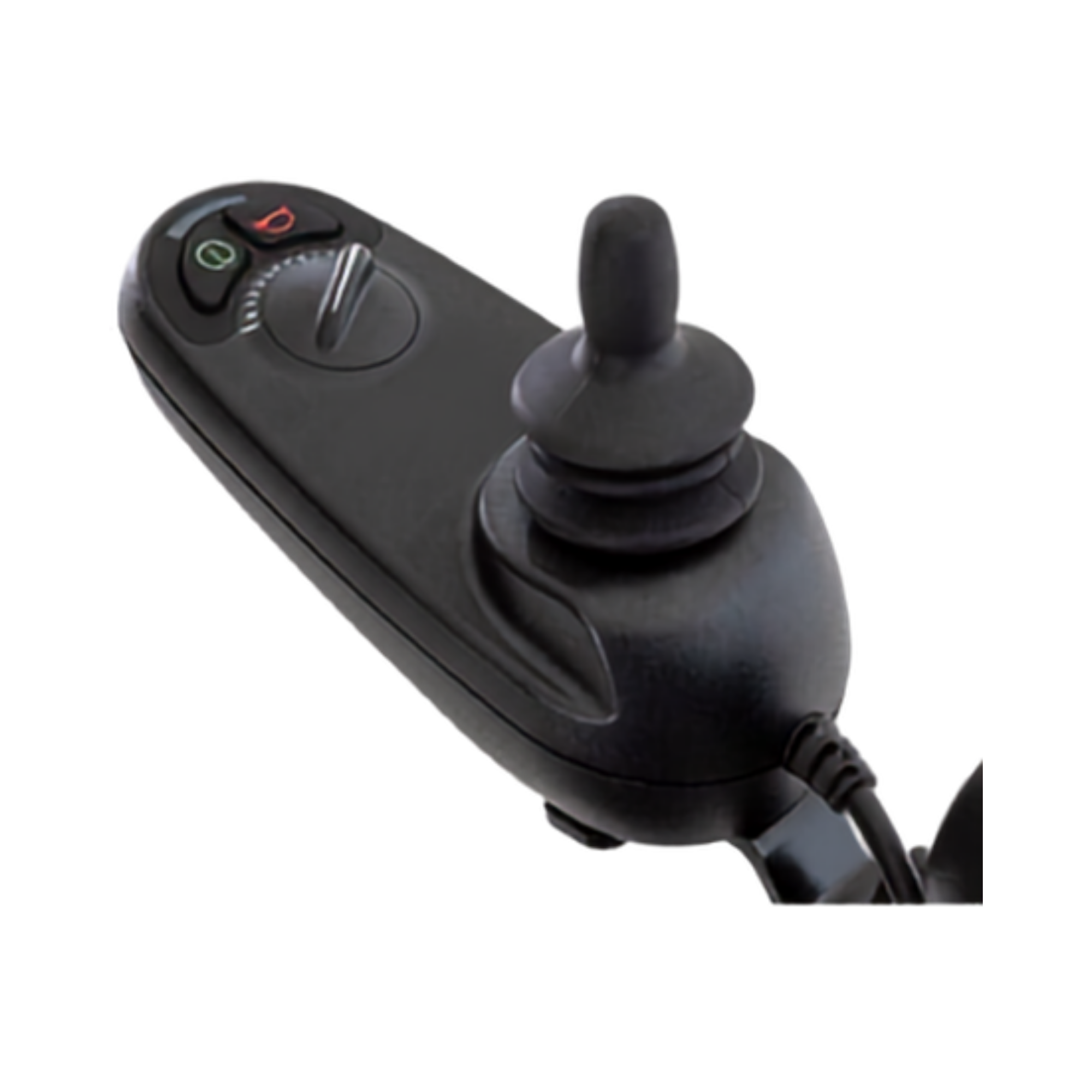 Mando con joystick, perilla reguladora de velocidad, botón de encendido y bocina.