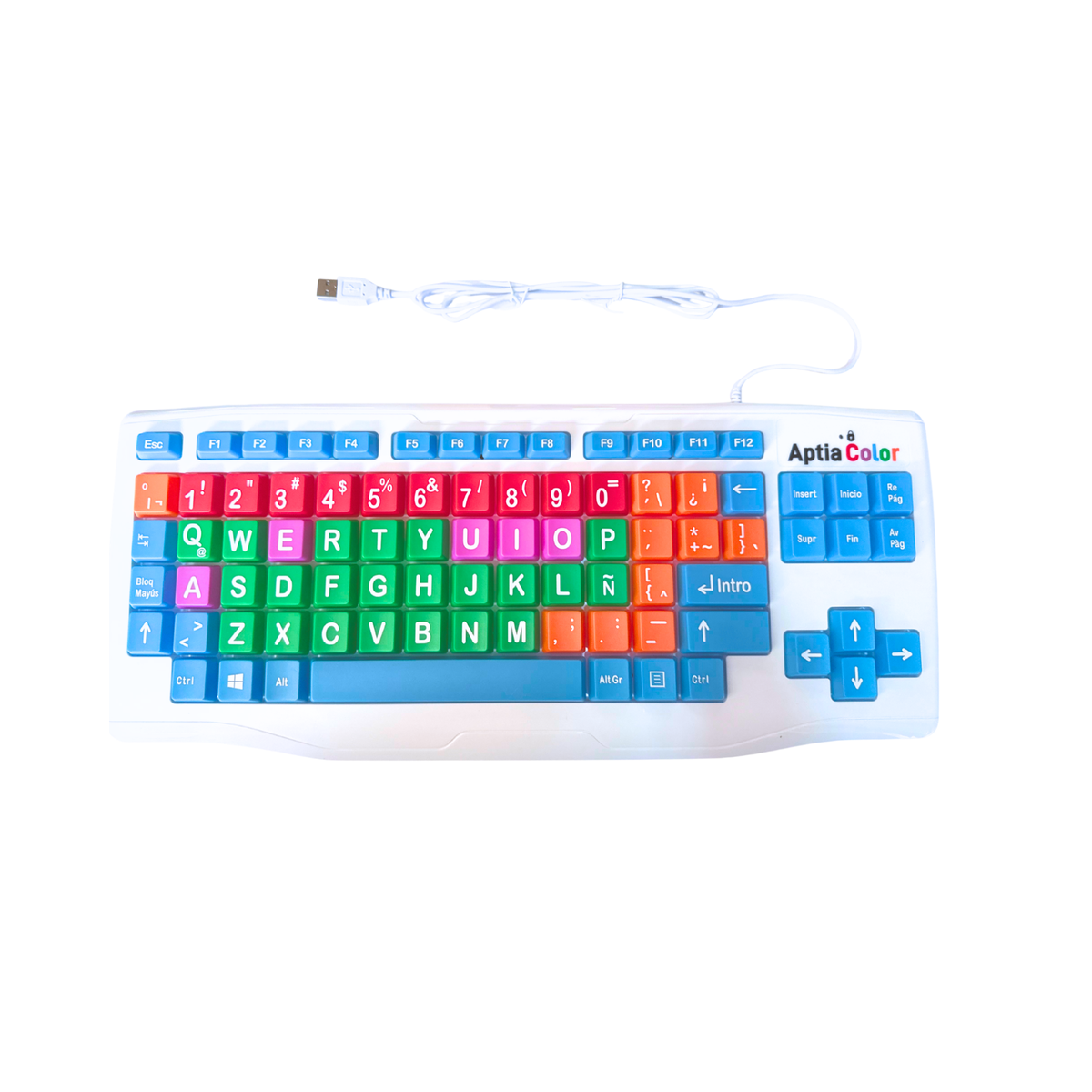 Teclado con teclas grandes de colores y cable usb enrollado