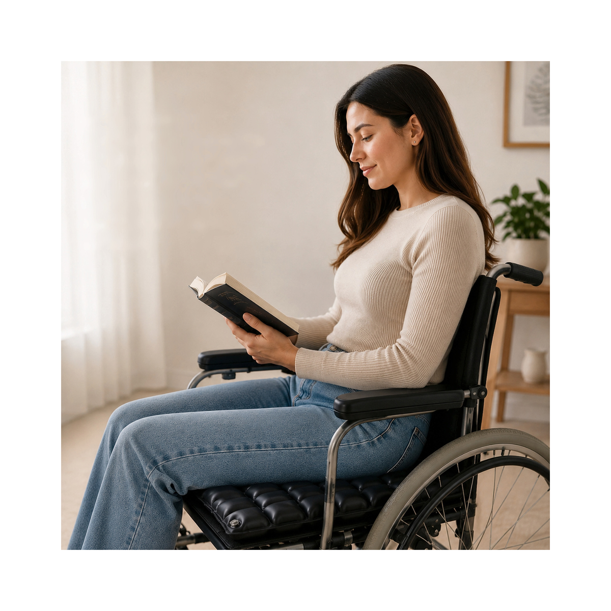 Mujer leyendo un libro sentada en una silla de ruedas con un cojín de celdas de aire en el asiento