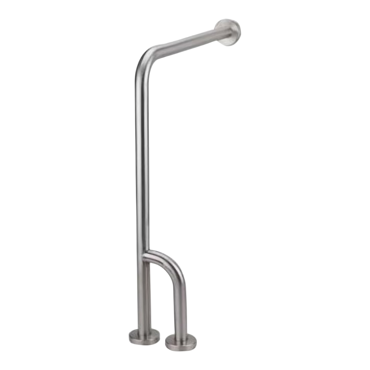 Barra de seguridad angular de acero inoxidable satinado, con dos bases al piso y una roseta para fijar al muro