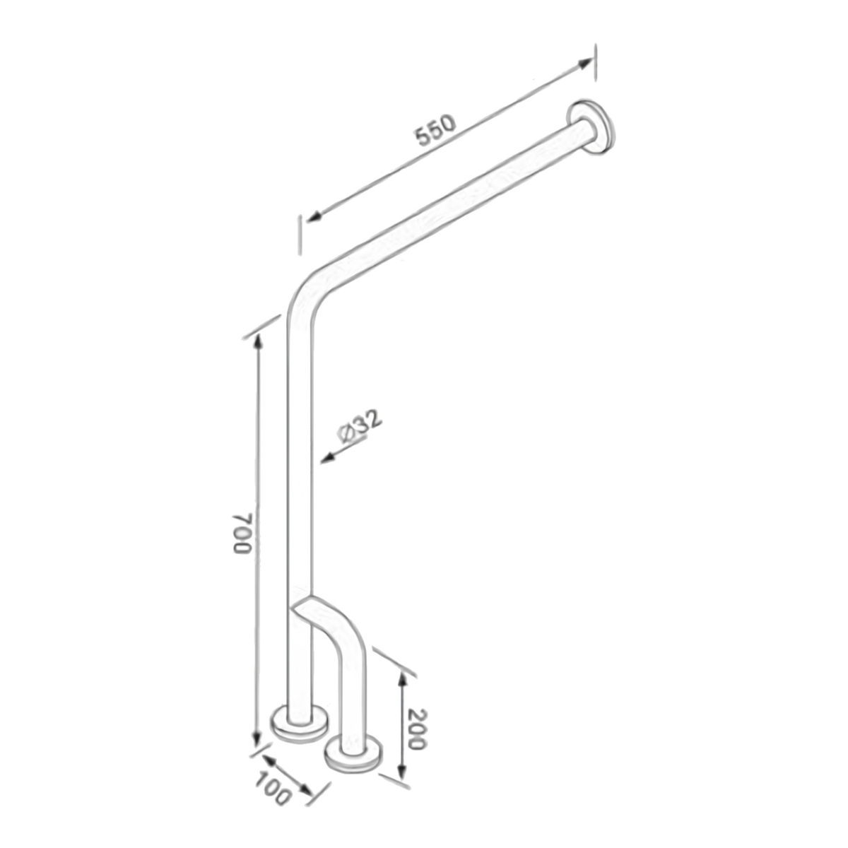 Plano de la barra de seguridad angular con sus medidas: brazo de 550, altura de 700, tubo de 32, pata de 200 y separación de bases de 100
