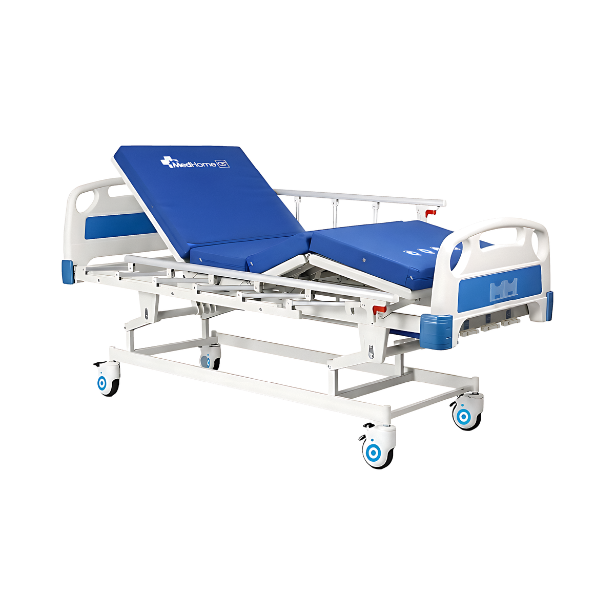 Catre clínico manual con colchón seccionado azul, respaldo y piernas levantados y barandas de aluminio