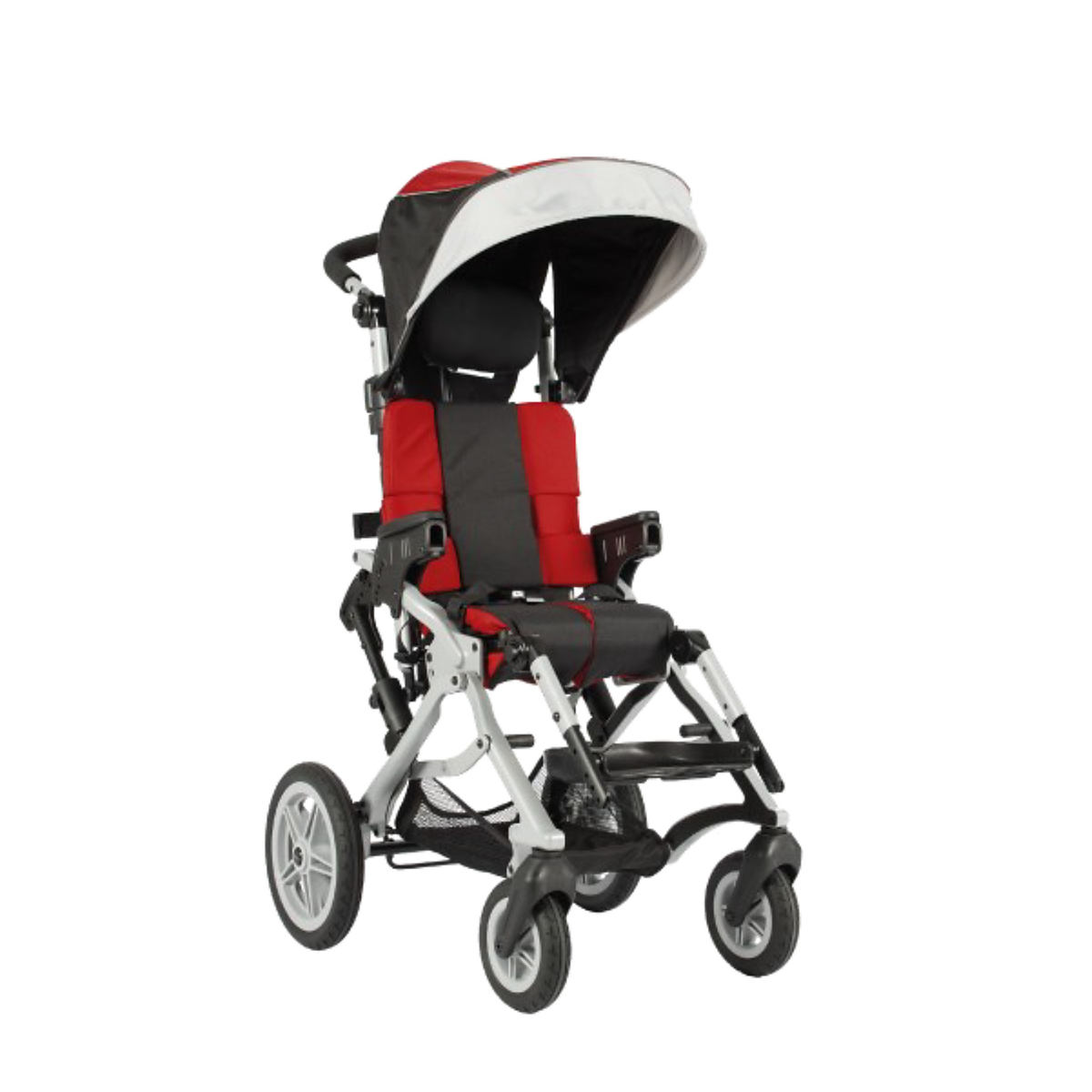 Coche neurológico pediátrico Reach Me rojo visto de tres cuartos, con capota, cabezal y apoyabrazos