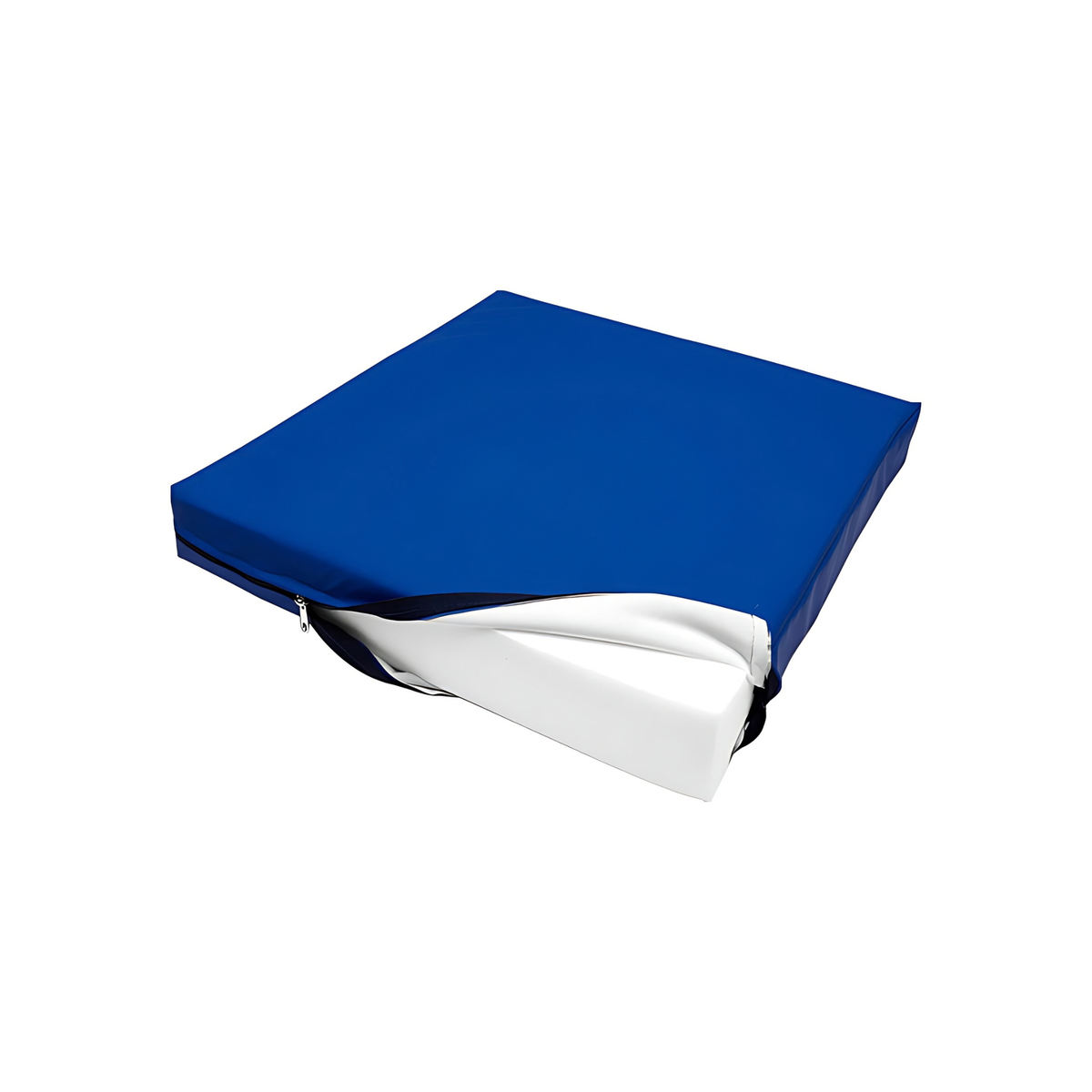 Funda azul con cierre abierta que deja ver la capa interior blanca