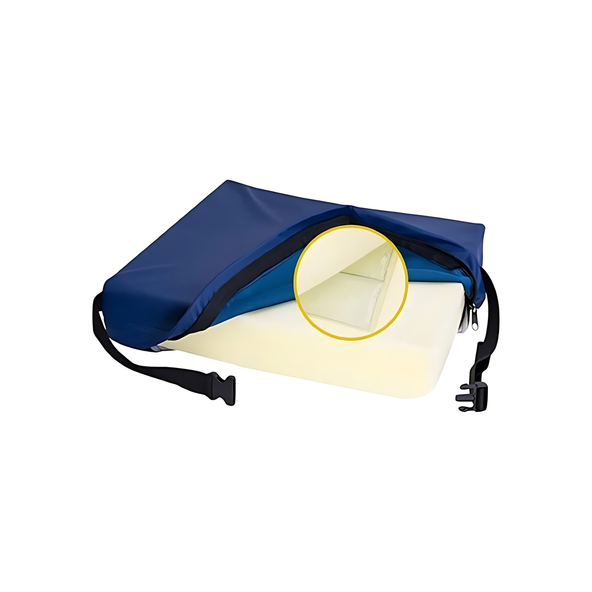 Cojín con la funda azul abierta, espuma viscoelástica a la vista y cinturón con hebilla