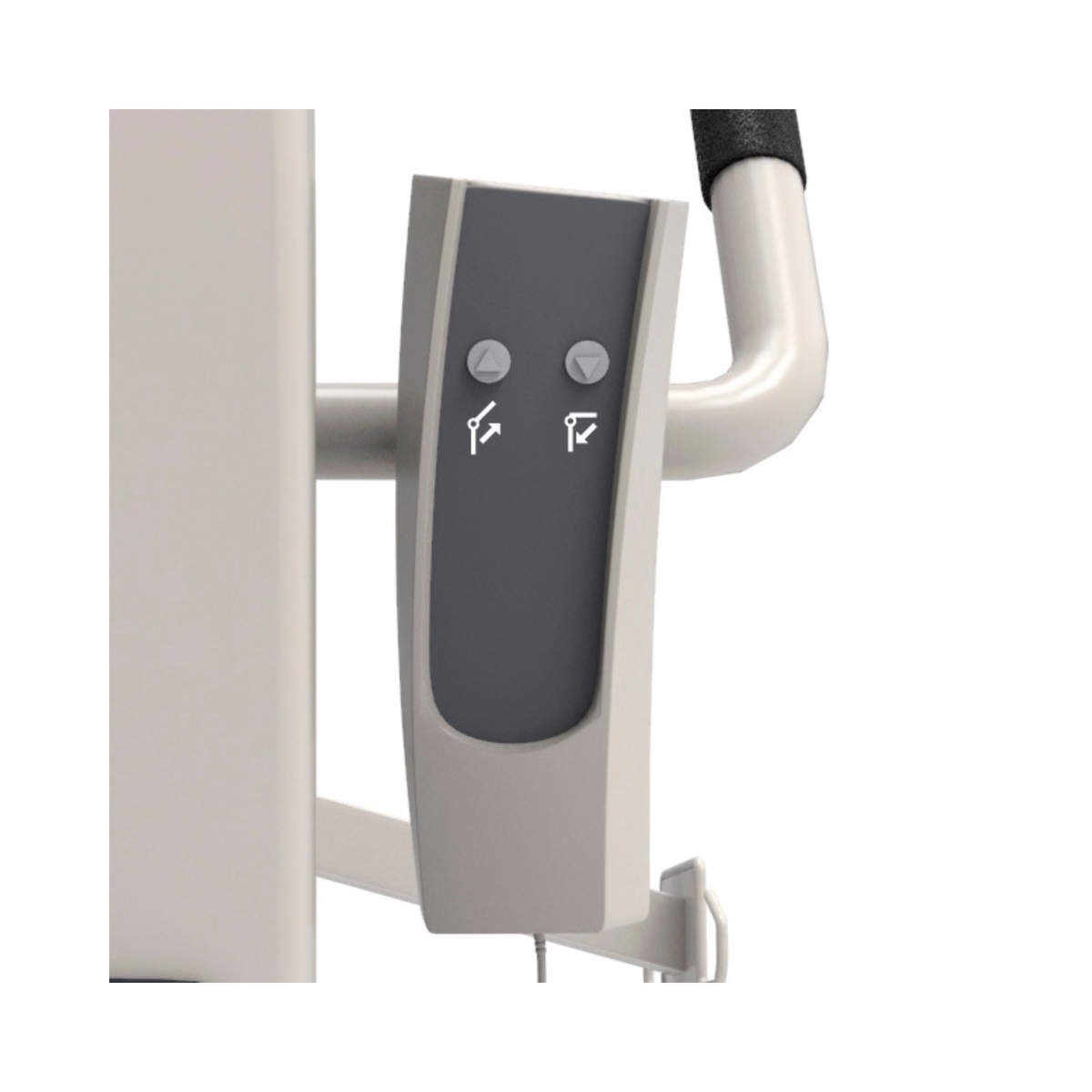 Control remoto de dos botones para subir y bajar, colgado junto al manillar