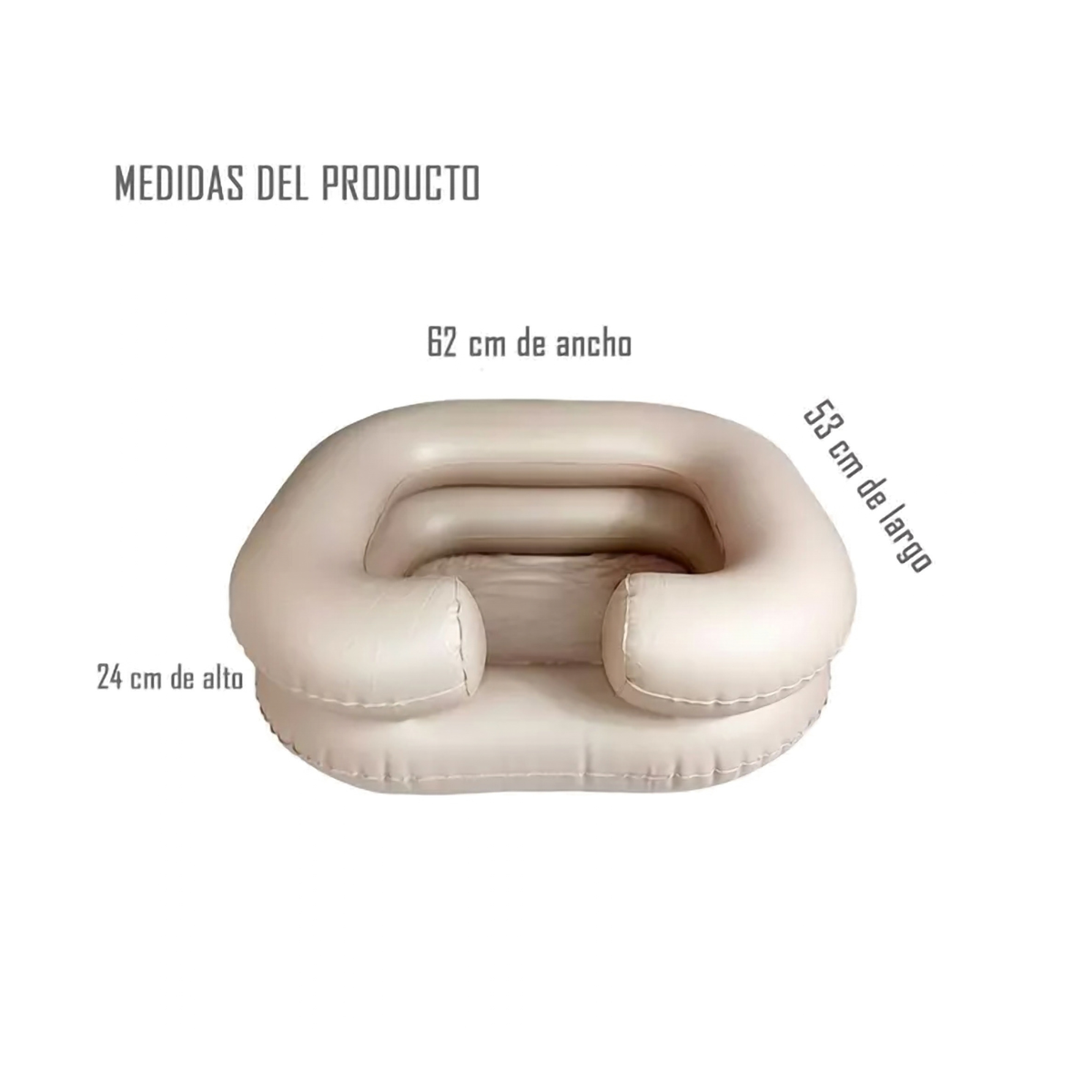 Medidas del lavapelo inflable: 62 cm de ancho, 53 cm de largo y 24 cm de alto
