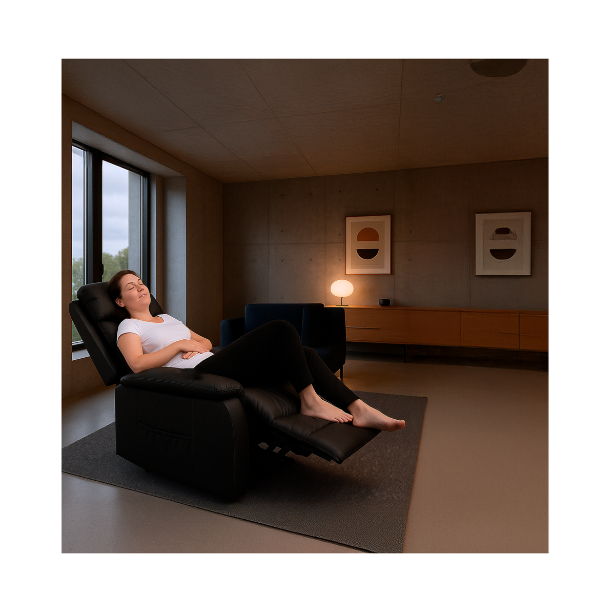 Mujer descansando con los ojos cerrados en el sillón reclinado, con las piernas en alto.