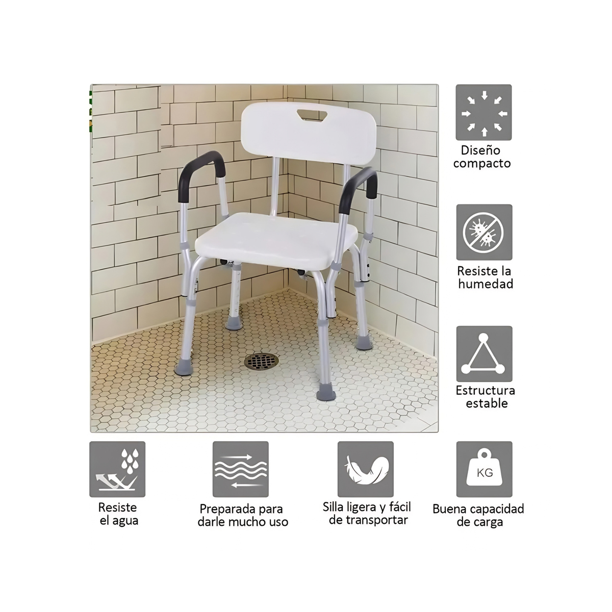 Silla de ducha con respaldo y apoyabrazos en una ducha, con íconos de sus características