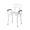 Silla de ducha blanca con respaldo, apoyabrazos negros acolchados y patas regulables