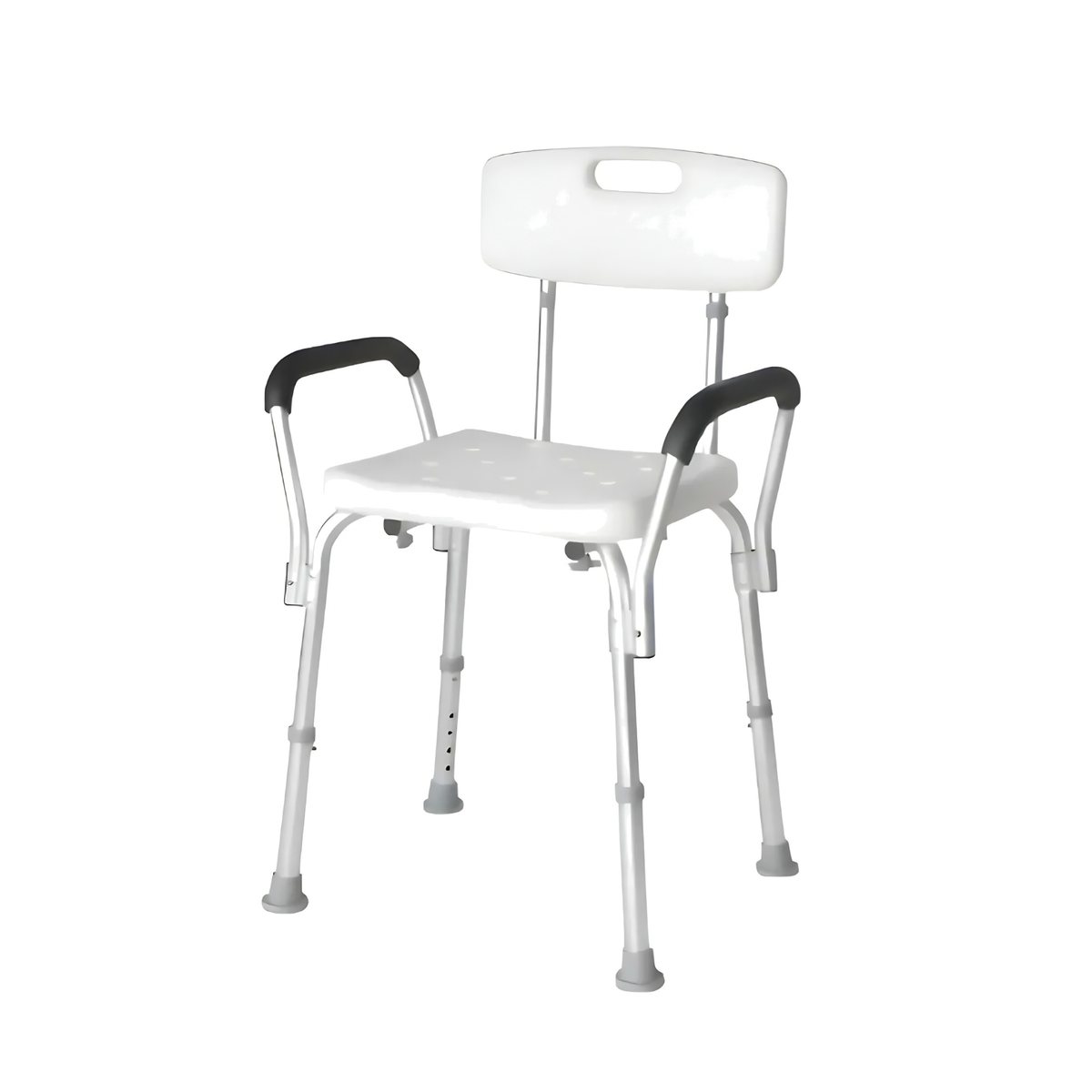 Silla de ducha blanca con respaldo, apoyabrazos negros acolchados y patas regulables
