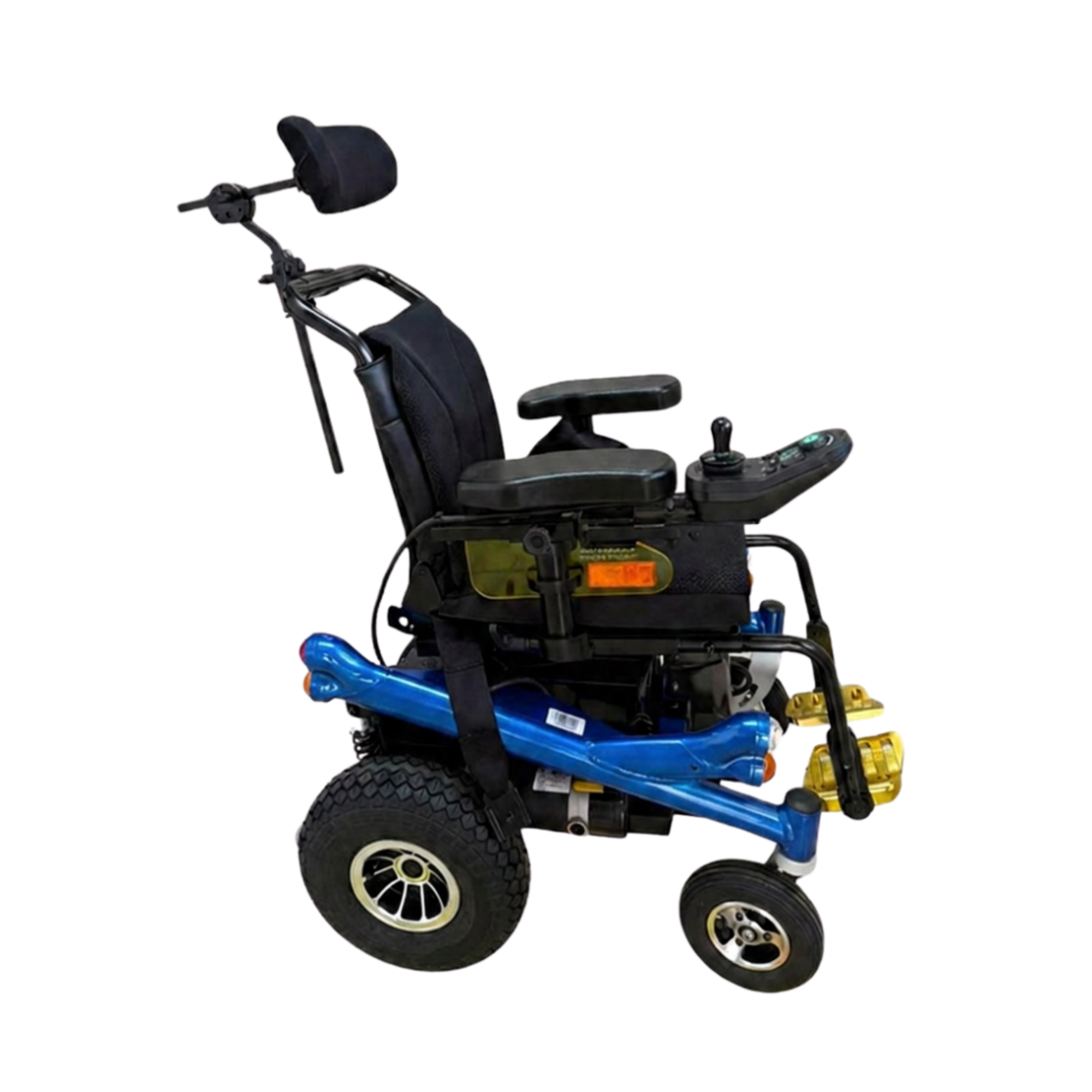 Perfil de silla de ruedas eléctrica infantil con respaldo vertical y ruedas neumáticas