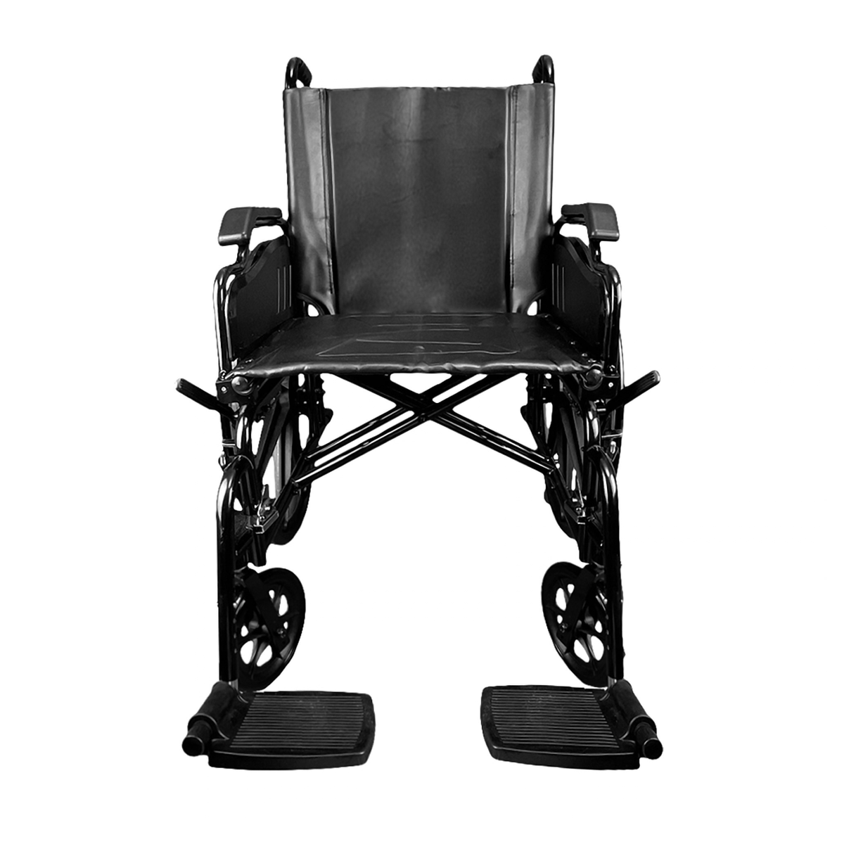 Vista frontal de la silla de ruedas con asiento acolchado y cruceta doble
