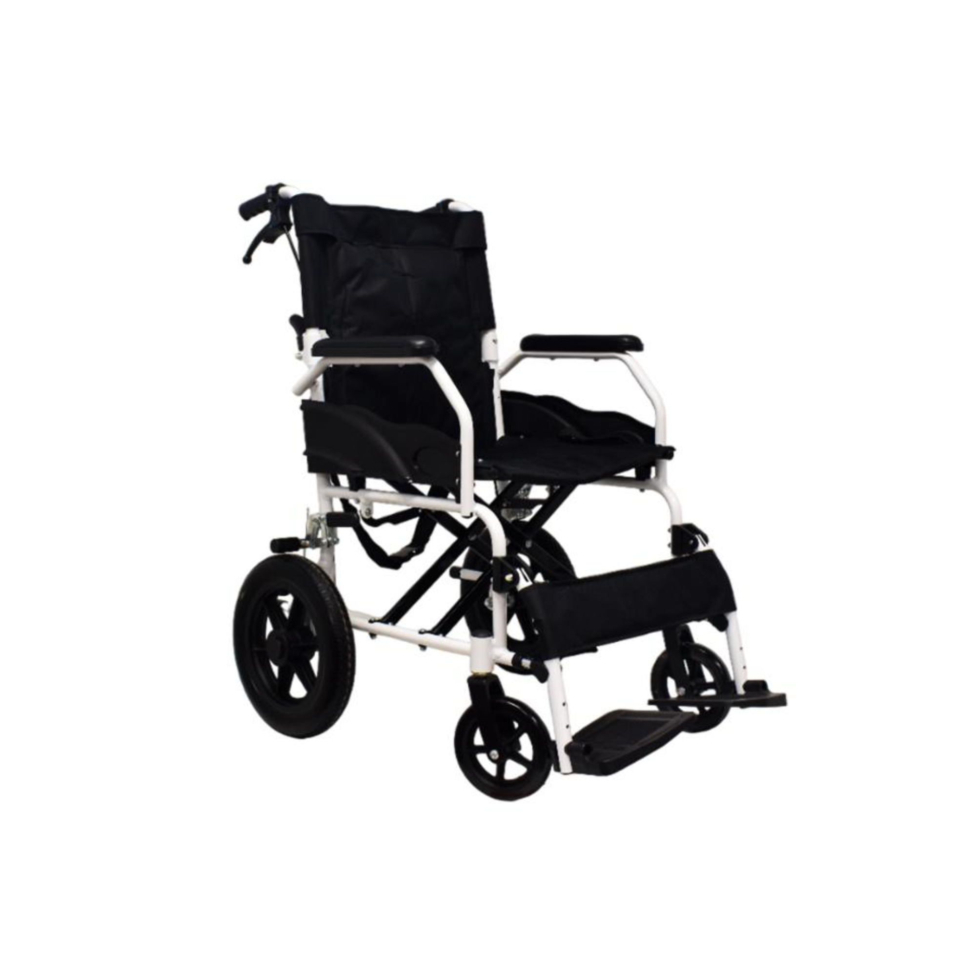 Silla de ruedas geriátrica de transporte con marco blanco y tapiz negro, vista de tres cuartos