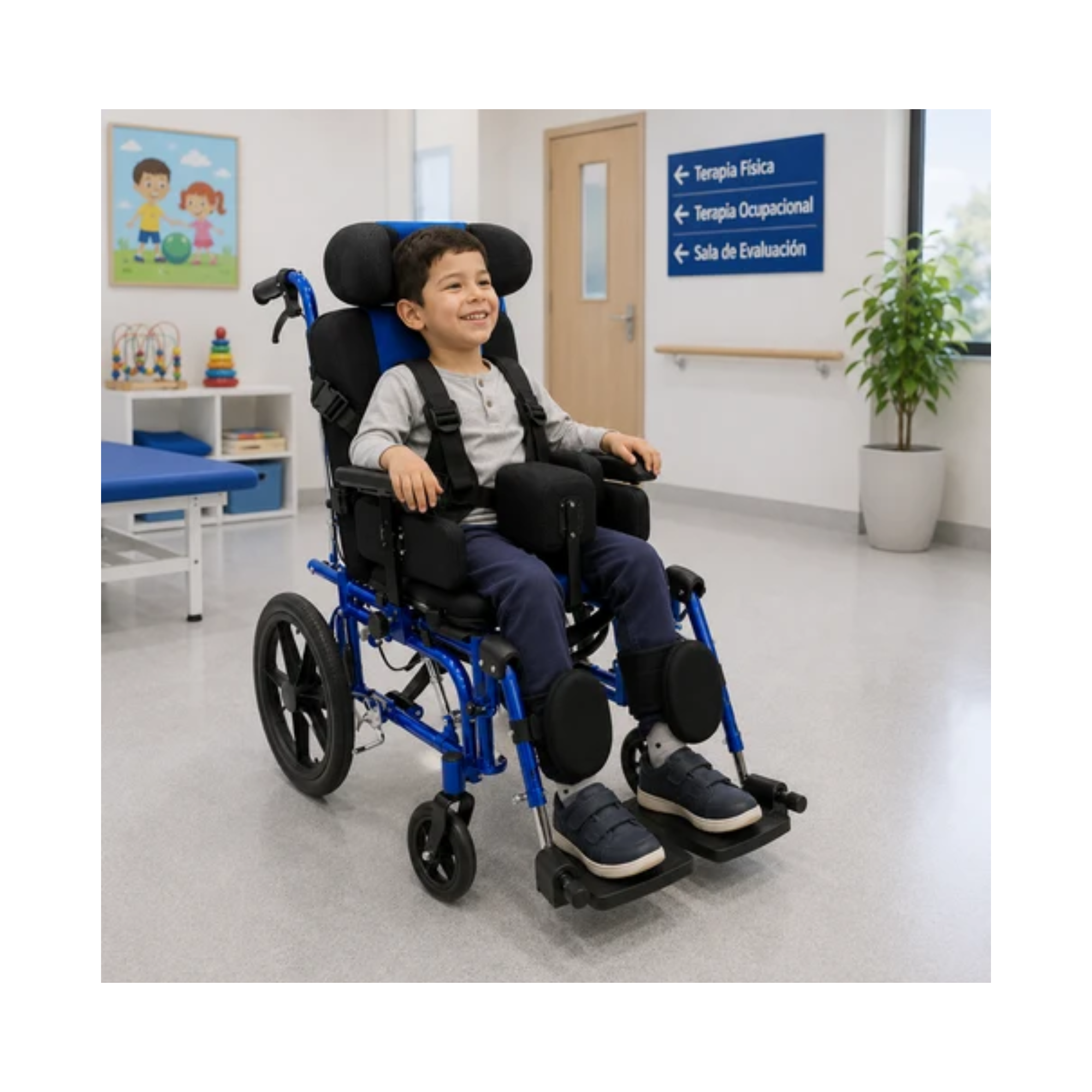Niño sentado en la silla de ruedas neurológica pediátrica en una sala de terapias