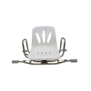 Silla giratoria blanca con estructura de acero inoxidable, apoyabrazos laterales y topes de goma en los extremos