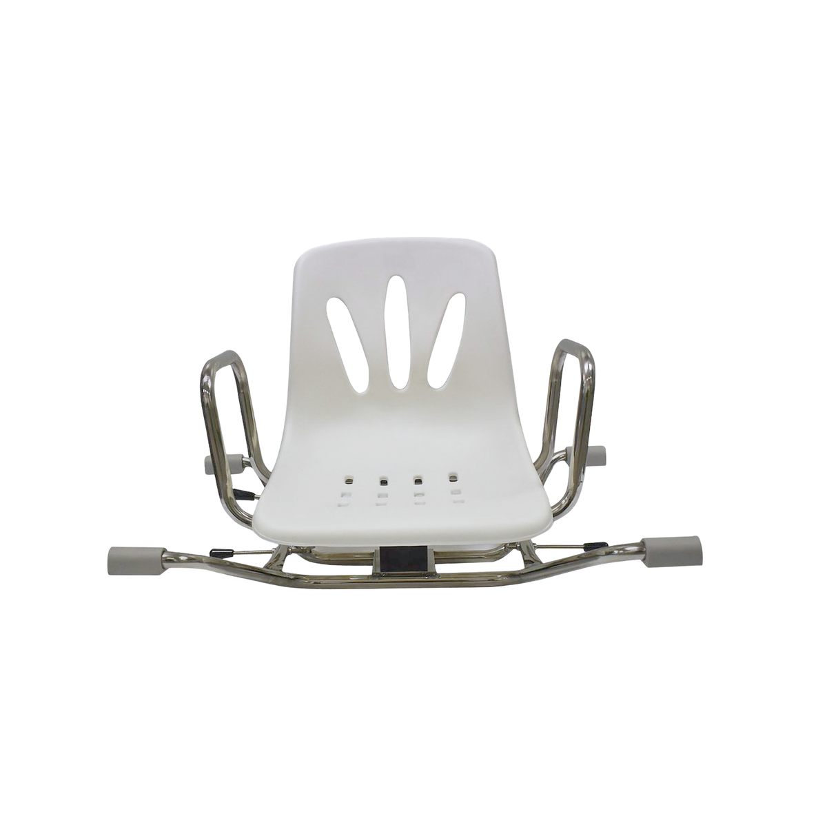 Silla giratoria blanca con estructura de acero inoxidable, apoyabrazos laterales y topes de goma en los extremos