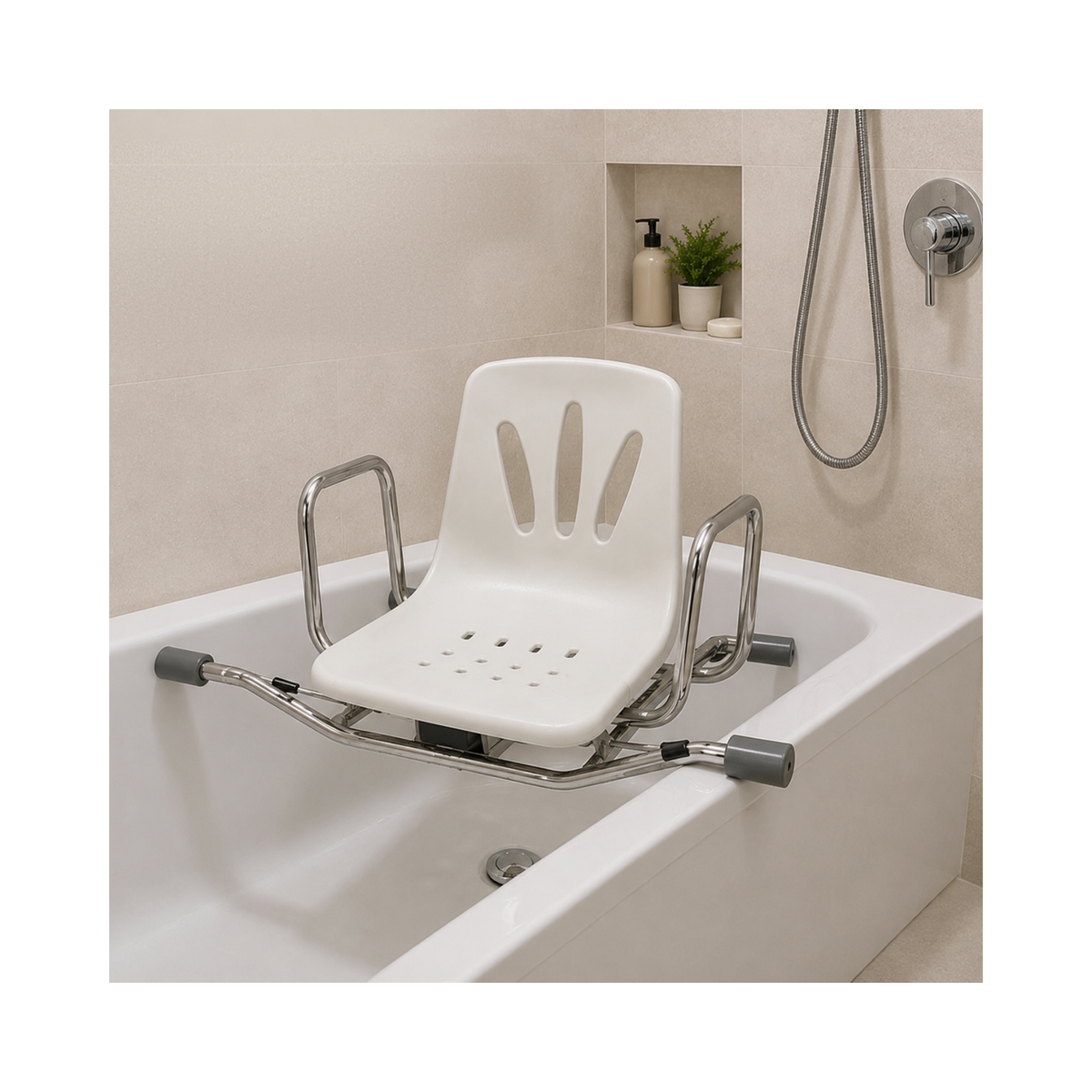 Silla giratoria blanca con apoyabrazos instalada sobre los bordes de una tina, en un baño con muros beige