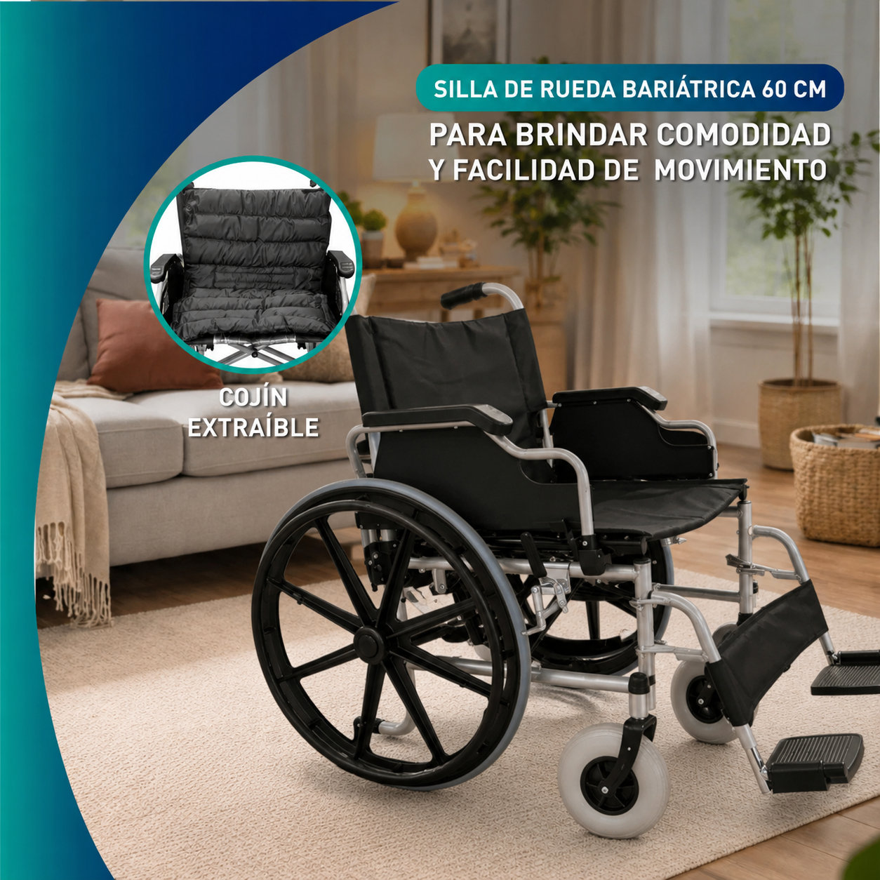 Silla de ruedas bariátrica en el living de una casa, con detalle del cojín extraíble