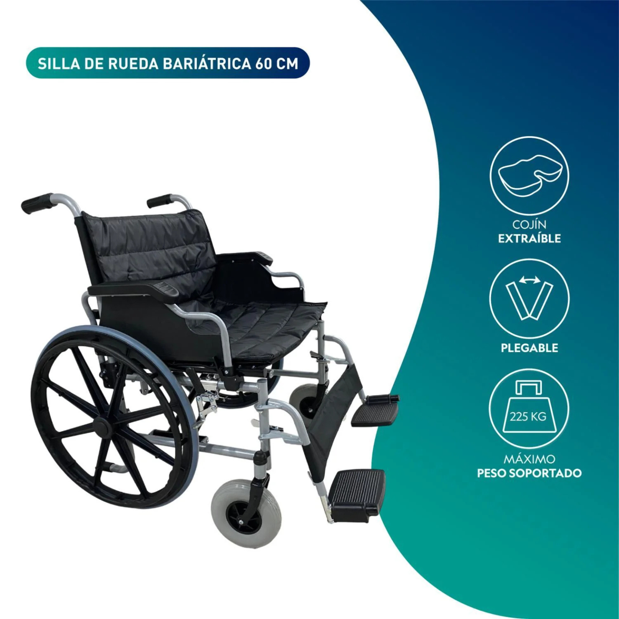 Infografía de la silla de ruedas bariátrica con cojín extraíble y capacidad máxima de 225 kg