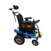 Silla de ruedas eléctrica infantil azul con cabezal, joystick lateral y apoya pies dorados
