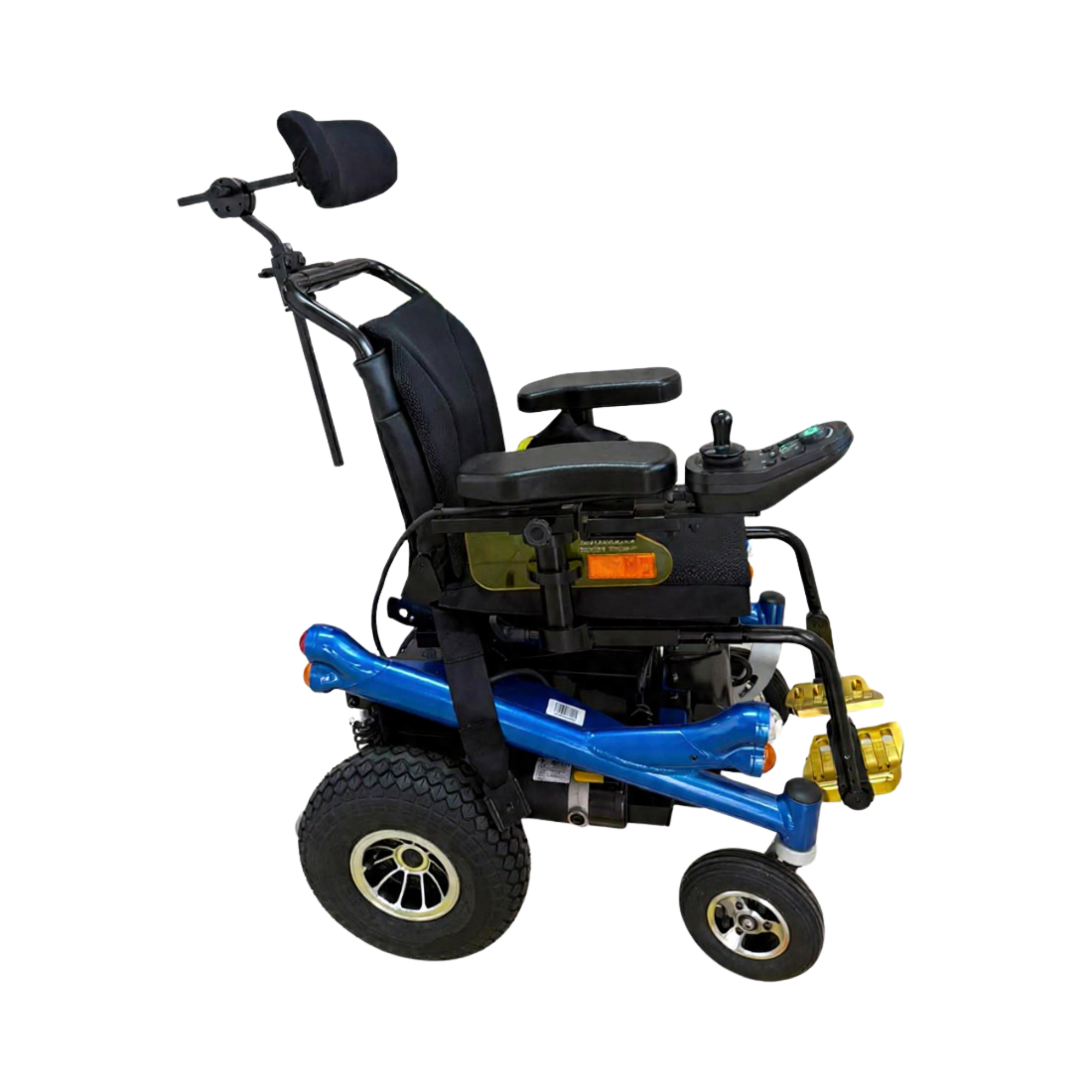 Silla de ruedas eléctrica infantil azul con cabezal, joystick lateral y apoya pies dorados