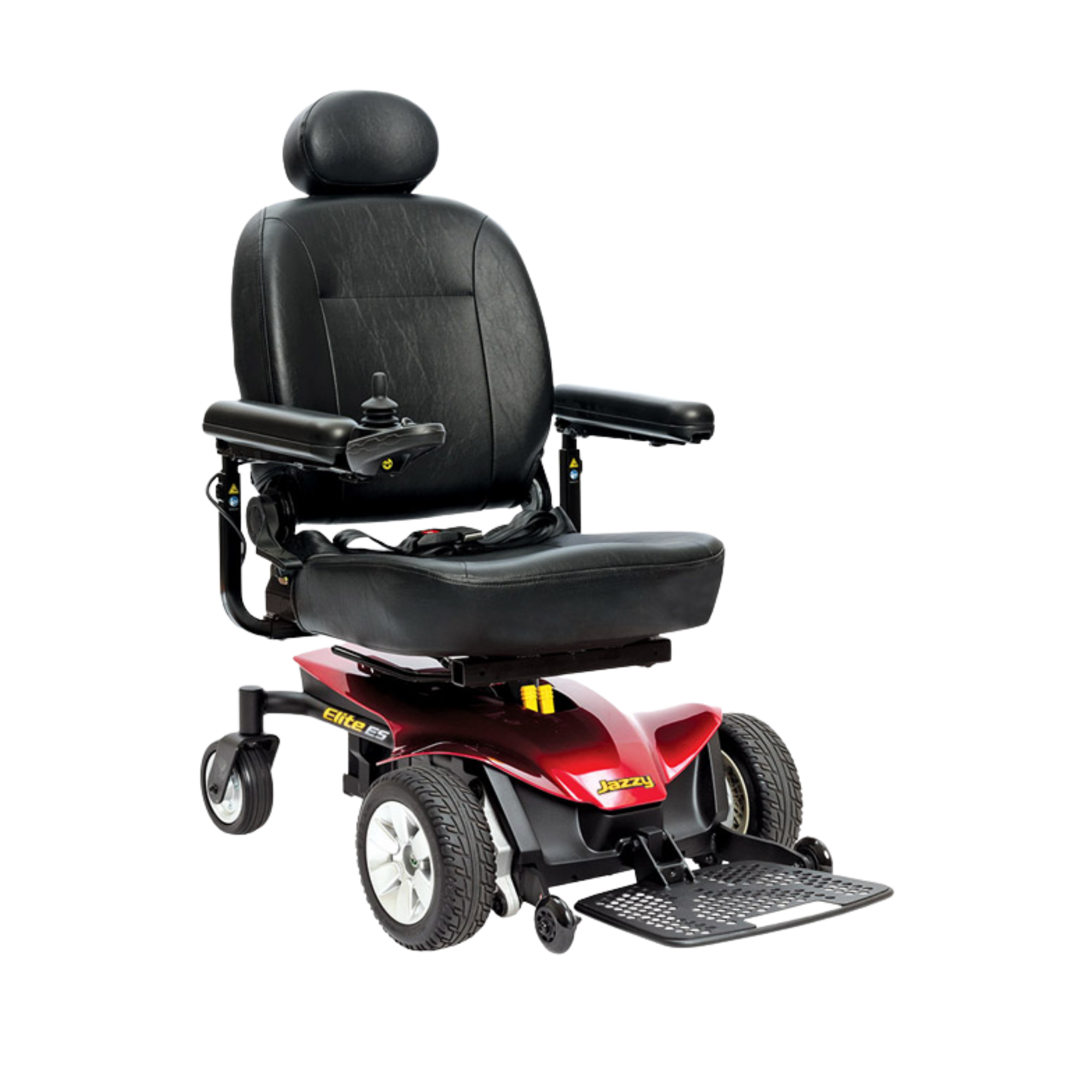 Silla de ruedas eléctrica roja vista de tres cuartos, con asiento negro de respaldo alto, apoya cabeza, mando en el apoya brazos izquierdo y plataforma para pies.