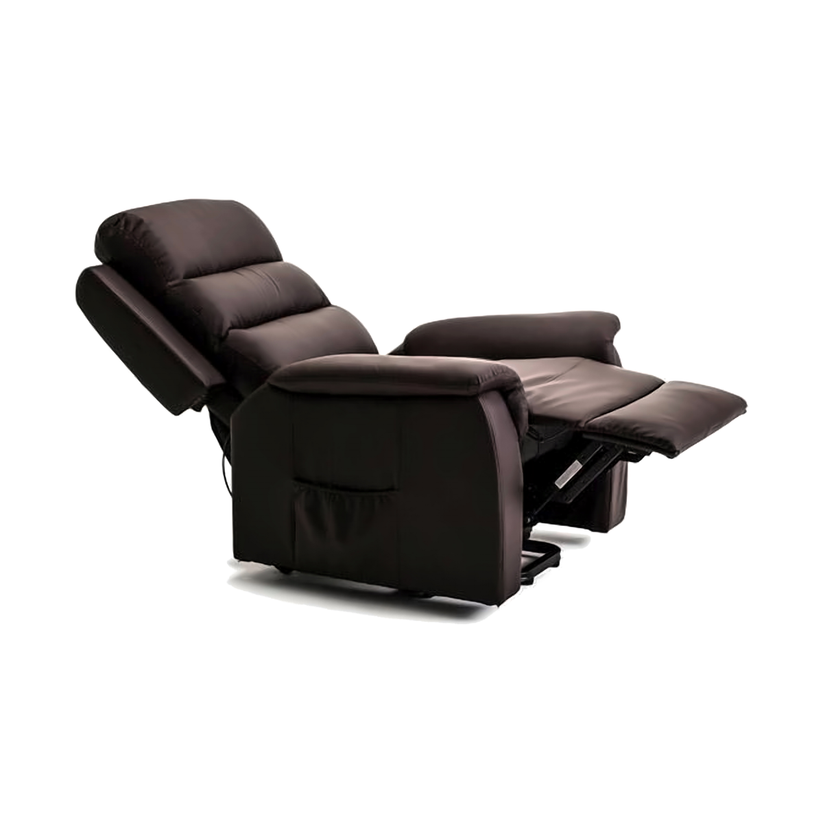Sillón café oscuro reclinado con el reposapiés extendido y el bolsillo lateral a la vista.