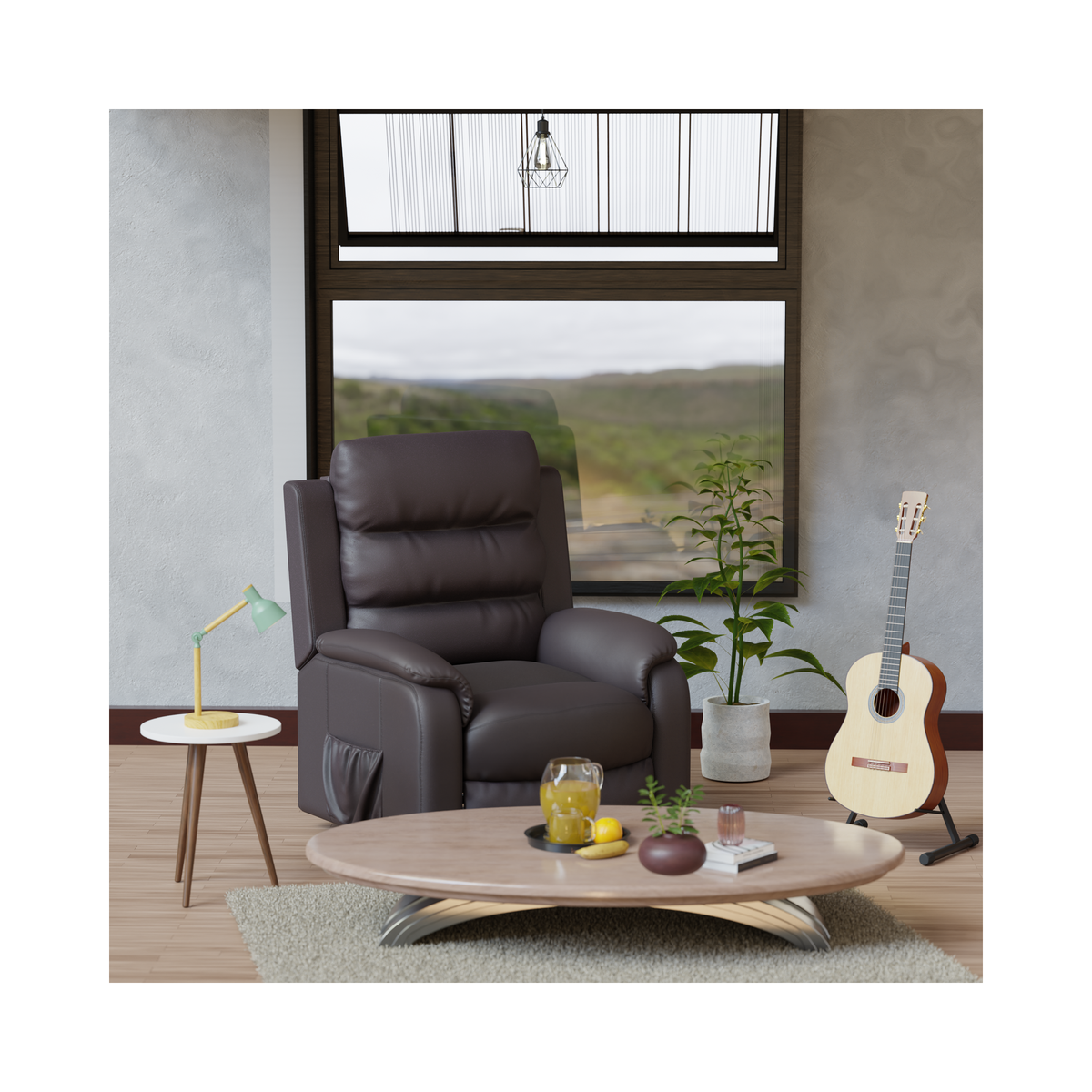 Sillón café oscuro en un living luminoso, junto a una mesa de centro, una planta y una guitarra.