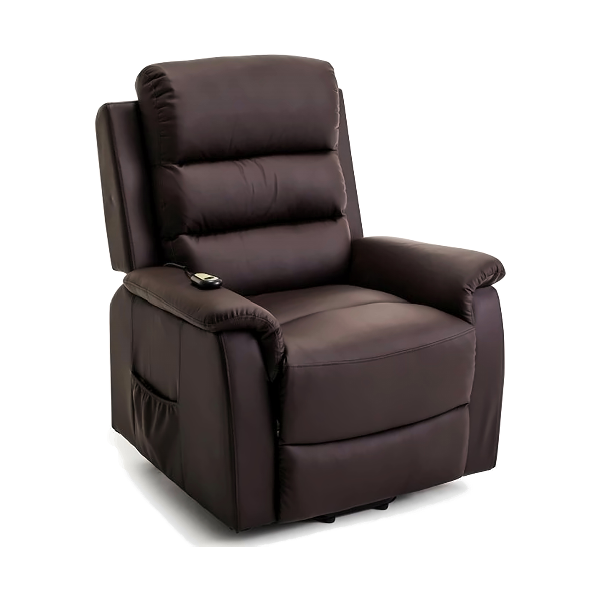 Sillón elevador eléctrico café oscuro de cuero sintético, con respaldo de tres secciones y bolsillo lateral.