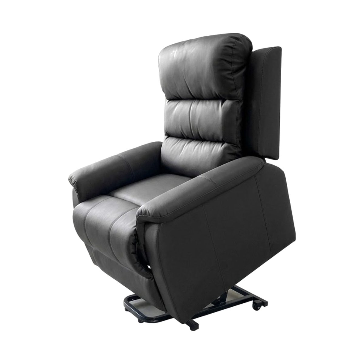 Sillón negro inclinado hacia adelante en posición de elevación, con base metálica y ruedas traseras.