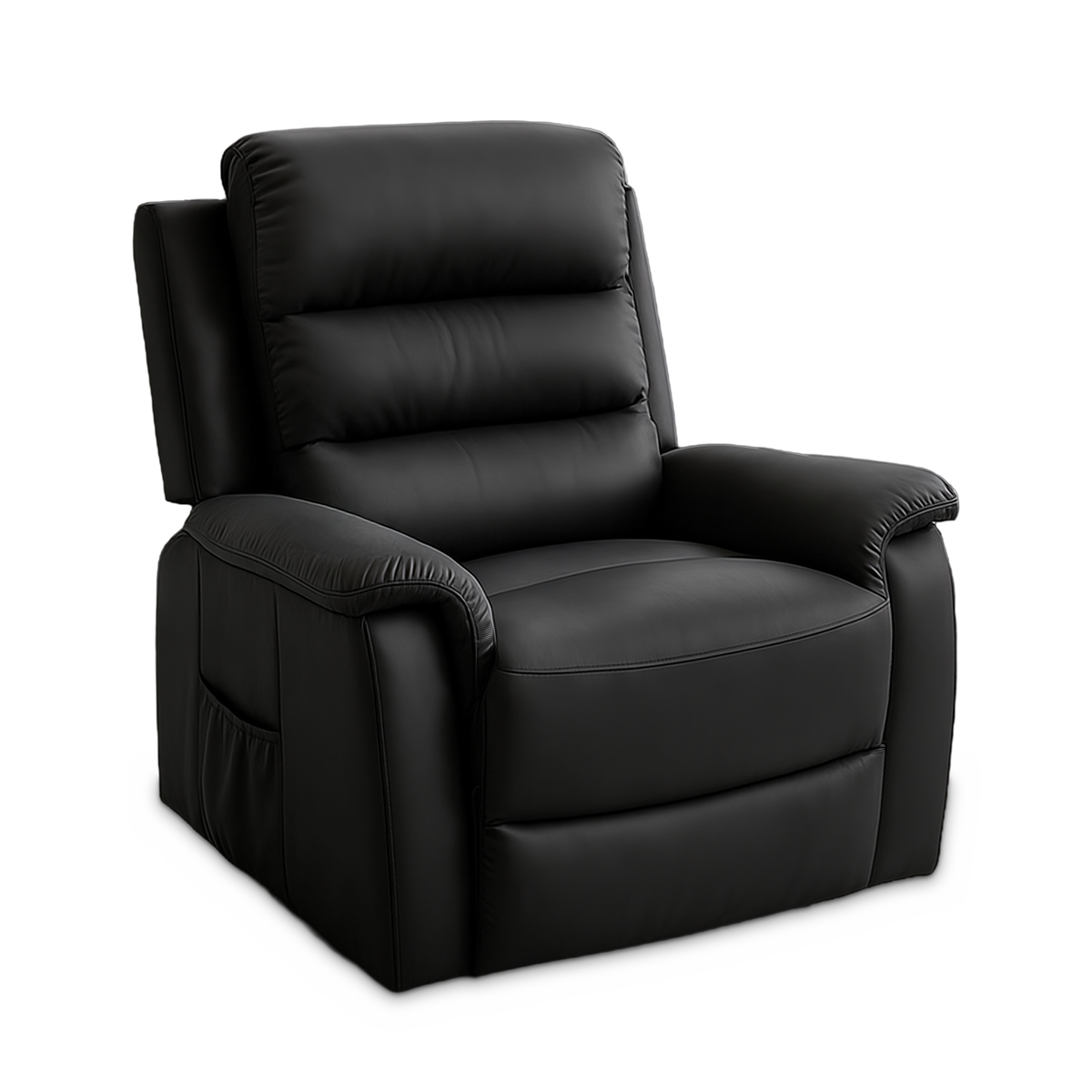 Sillón elevador eléctrico negro de cuero sintético con respaldo de tres secciones y bolsillo lateral.