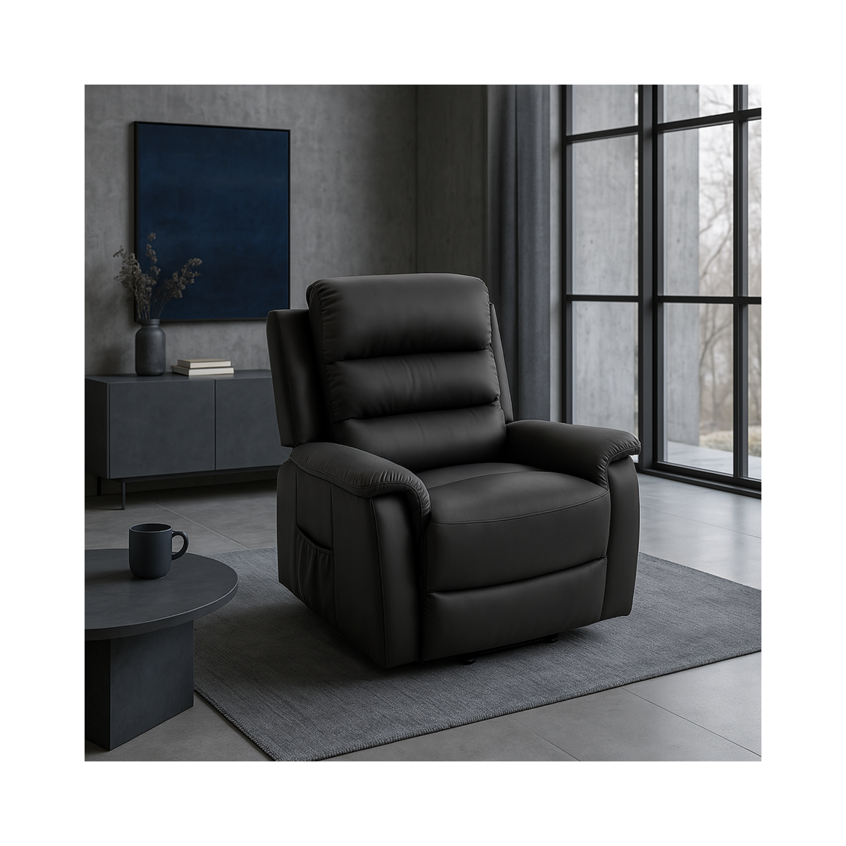 Sillón negro de cuero sintético en un living moderno, junto a una mesa de centro.