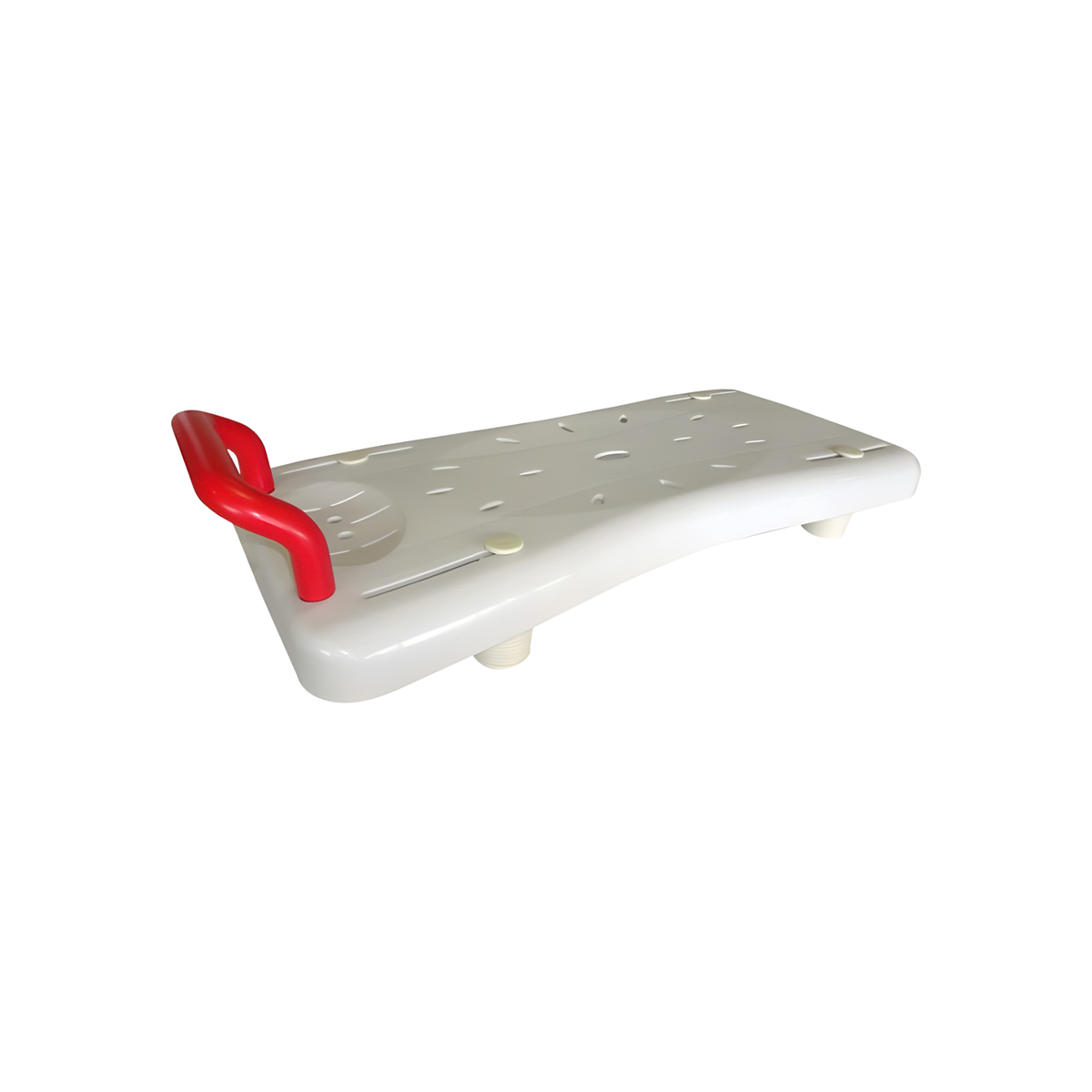 Tabla de tina blanca con manilla roja, cuatro patas y orificios de drenaje en la superficie