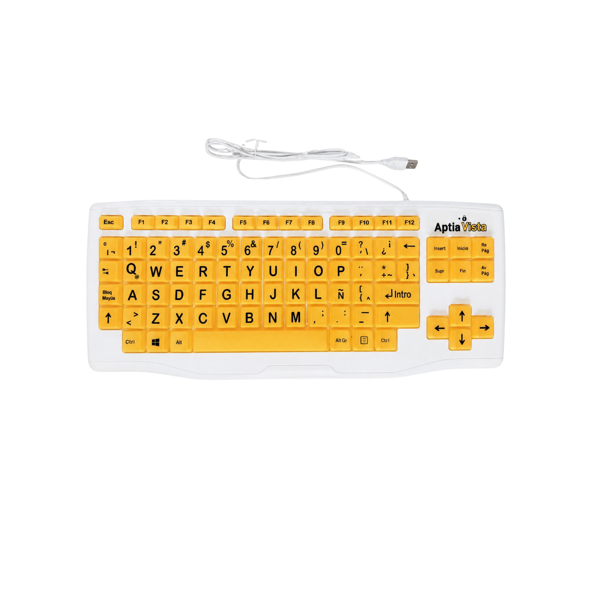 teclado con teclas amarillas y letras negras, tamaño grande, conectado por cable usb